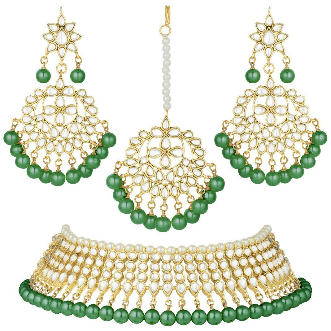 Peora 18K Gold Plated Indian Ethnic Kundan Pearl Fancy Bridal Traditional Necklace Jewellery Set with Earrings for Women (Green)