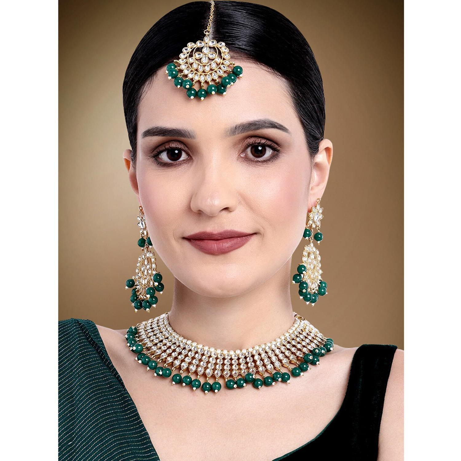 Peora 18K Gold Plated Indian Ethnic Kundan Pearl Fancy Bridal Traditional Necklace Jewellery Set with Earrings for Women (Green)