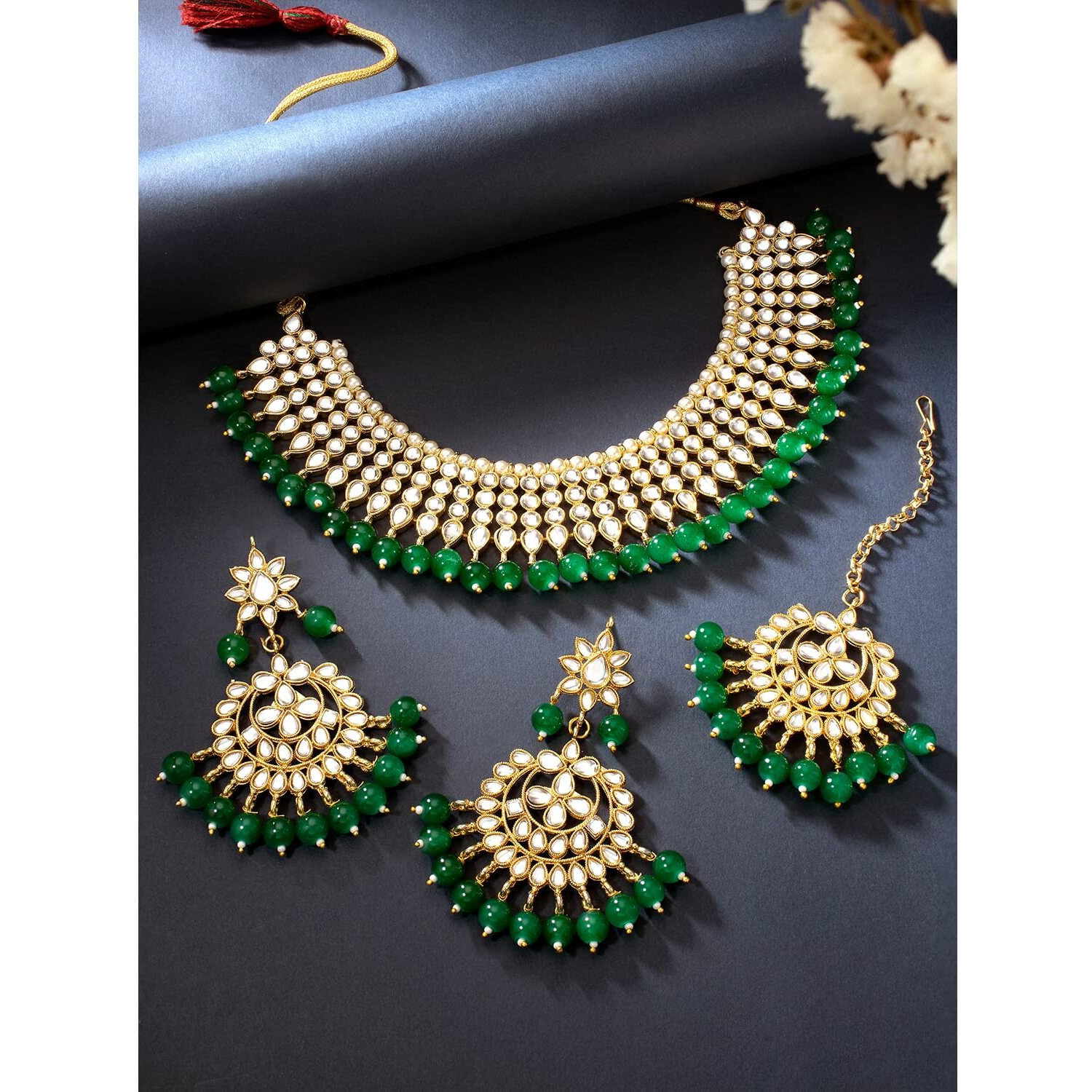 Peora 18K Gold Plated Indian Ethnic Kundan Pearl Fancy Bridal Traditional Necklace Jewellery Set with Earrings for Women (Green)