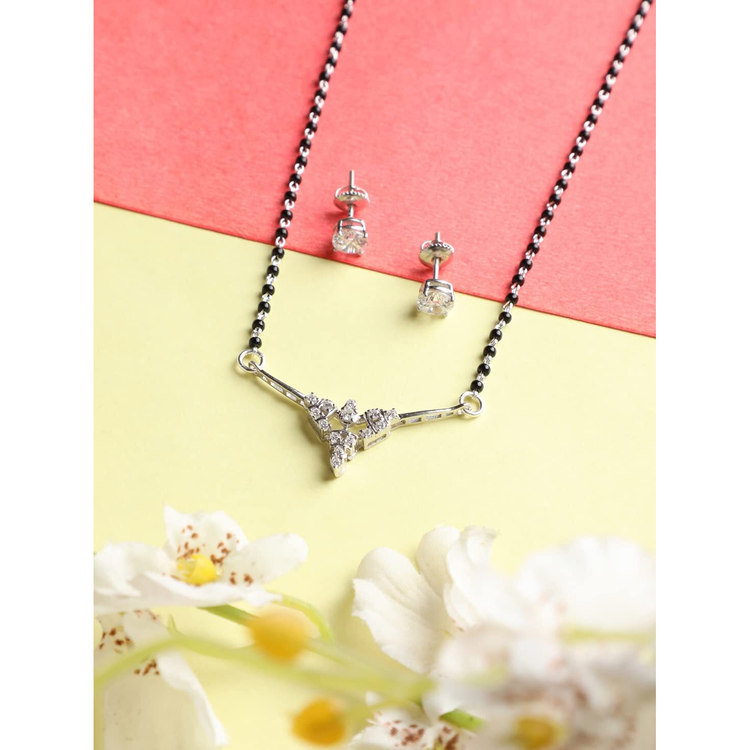 Clara 925 Sterling Silver Alice Mangalsutra Tanmaniya Pendant Earring Jewellery set With Chain Gift for Women and Girls