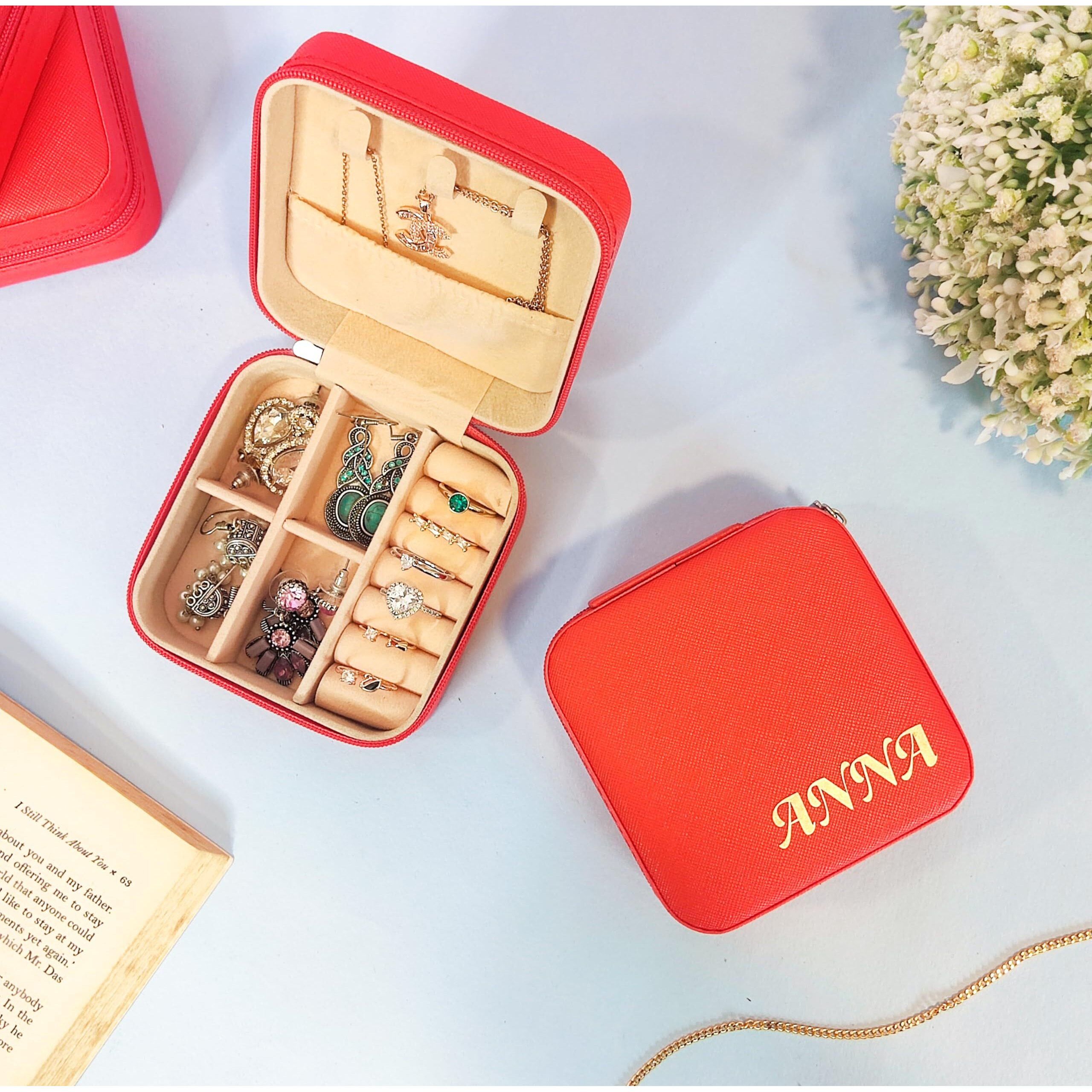 The Bling Stores Customised jewellery box with name Personalised/Customized jewelry Organiser Box, jewelry Box For Women, Small jewelry Box Organiser, rakhi gift for sister (Red, Faux Leather)