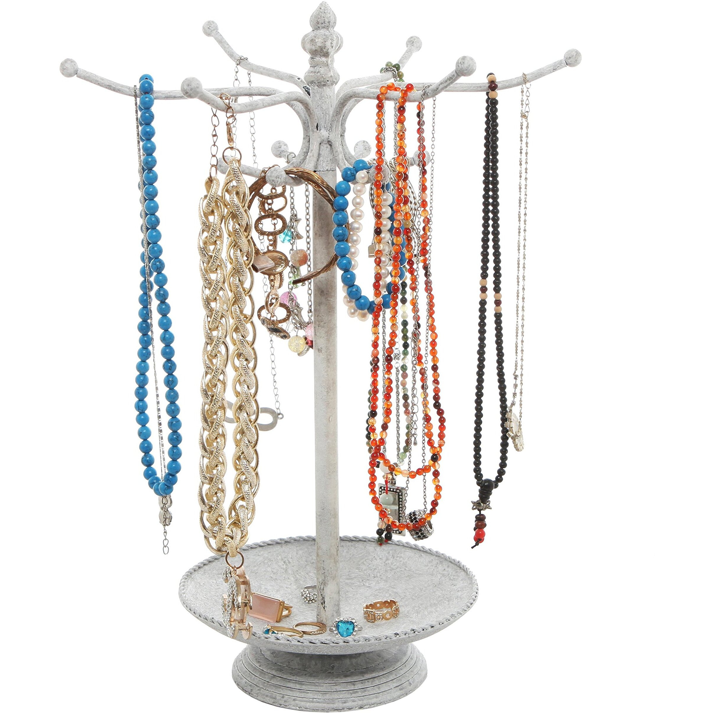 Vintage Style Whitewashed Metal 12 Hook Jewelry Organizer Tree Rack Stand w/ Ring Dish Tray