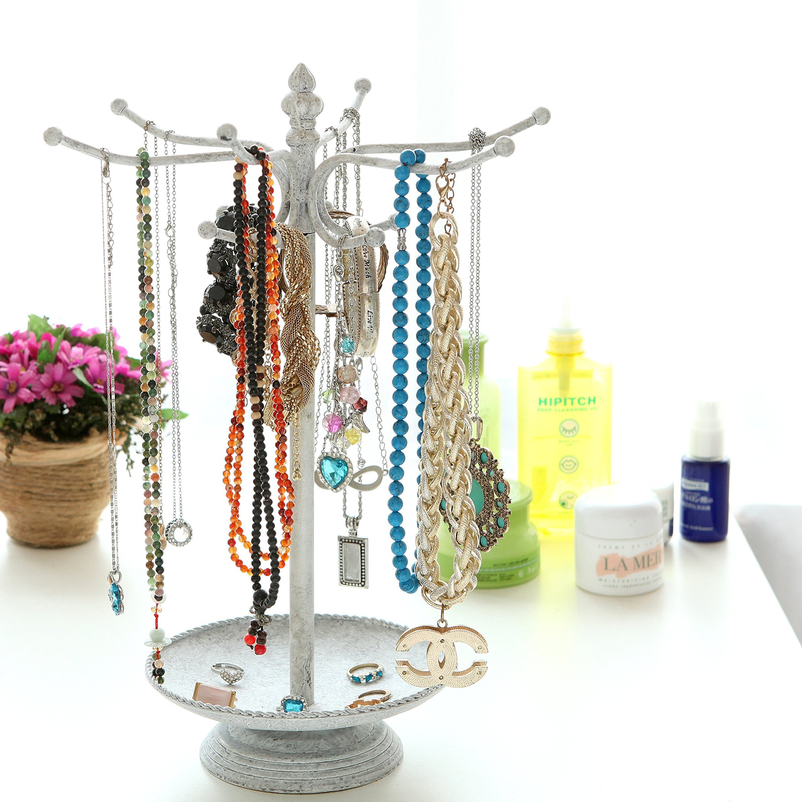 Vintage Style Whitewashed Metal 12 Hook Jewelry Organizer Tree Rack Stand w/ Ring Dish Tray
