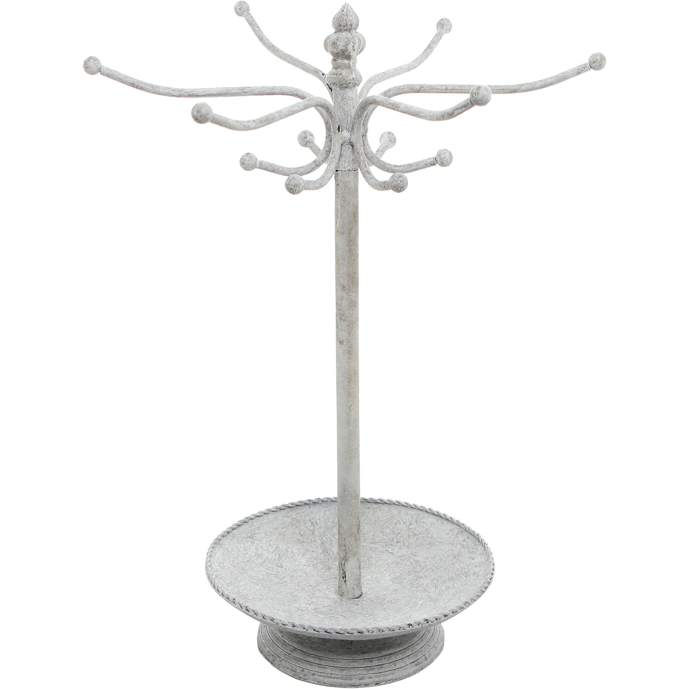 Vintage Style Whitewashed Metal 12 Hook Jewelry Organizer Tree Rack Stand w/ Ring Dish Tray