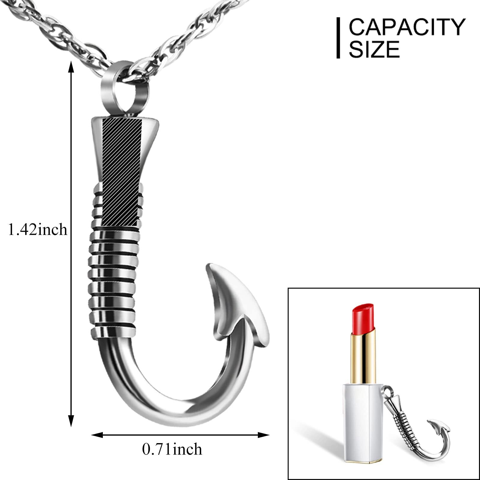 abooxiu Fishing Hook Urn Necklace for Ashes Fish Hook Stainless Steel Cremation Jewelry Memorial Pendant Keepsake for Men Gone Fishing (Silver)