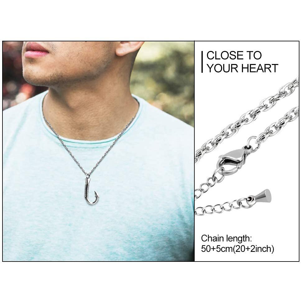 abooxiu Fishing Hook Urn Necklace for Ashes Fish Hook Stainless Steel Cremation Jewelry Memorial Pendant Keepsake for Men Gone Fishing (Silver)