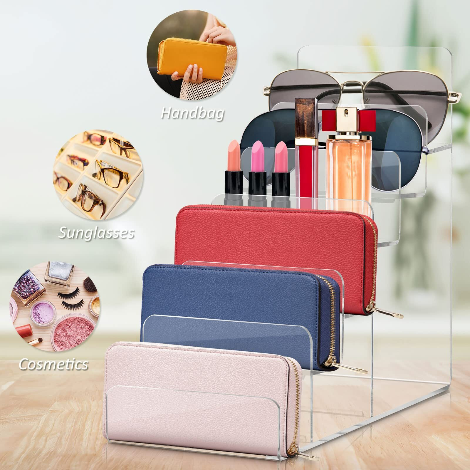DOITOOL 5- Tier Acrylic Wallet Display Stand Holder, Clear Handbag Purse Display Stand Jewelry Display Riser Purse Handbag Organizer