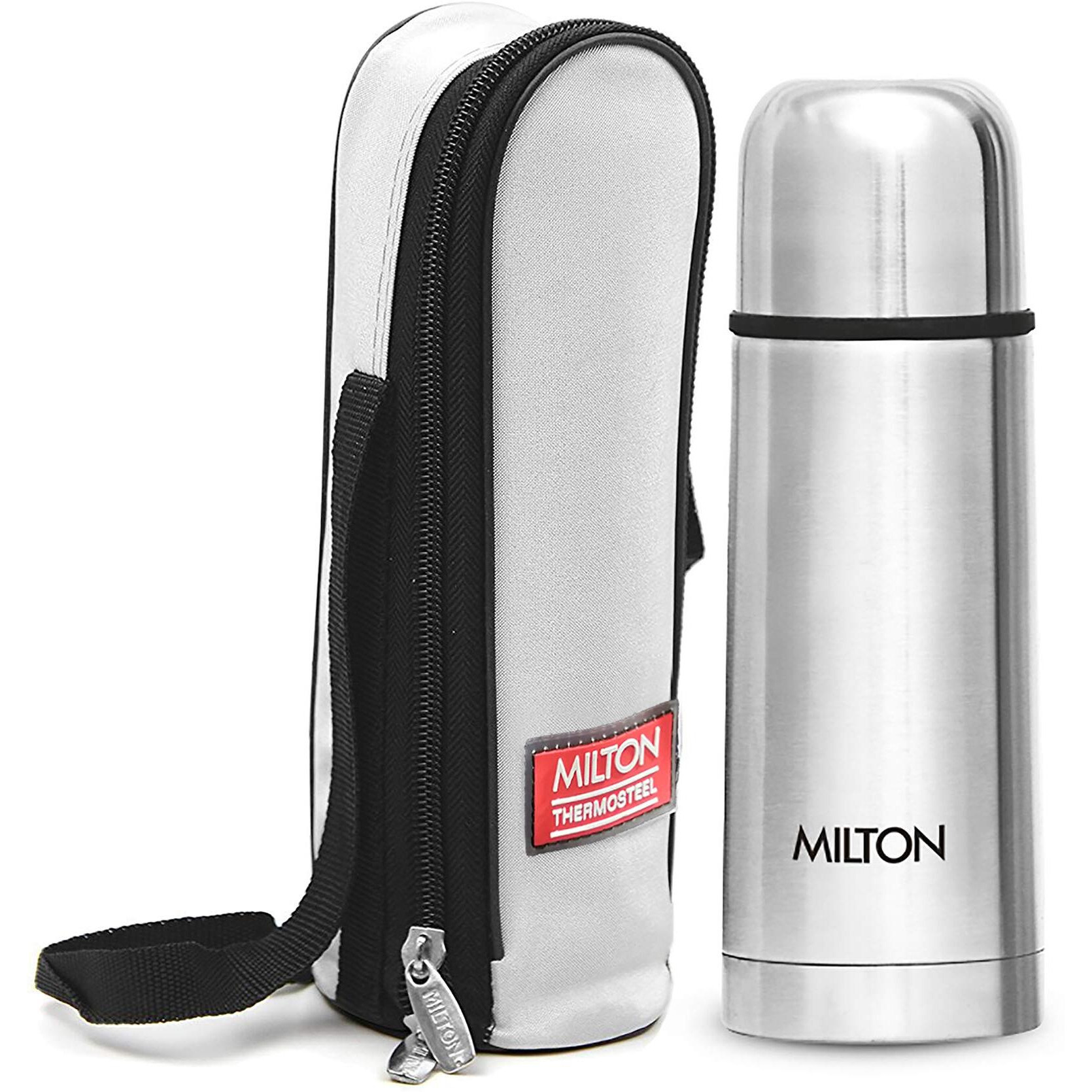 Milton Plain Lid 350 Thermosteel Vacuum Insulated Flask with Jacket 350 ml| 24 Hours Hot and Cold Water Bottle with Plain lid | Double Walled Silver Bottle for Home, Office, Travel