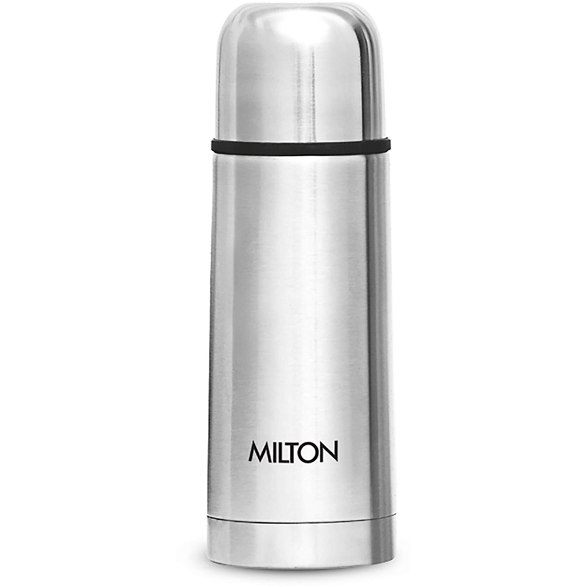 Milton Plain Lid 350 Thermosteel Vacuum Insulated Flask with Jacket 350 ml| 24 Hours Hot and Cold Water Bottle with Plain lid | Double Walled Silver Bottle for Home, Office, Travel