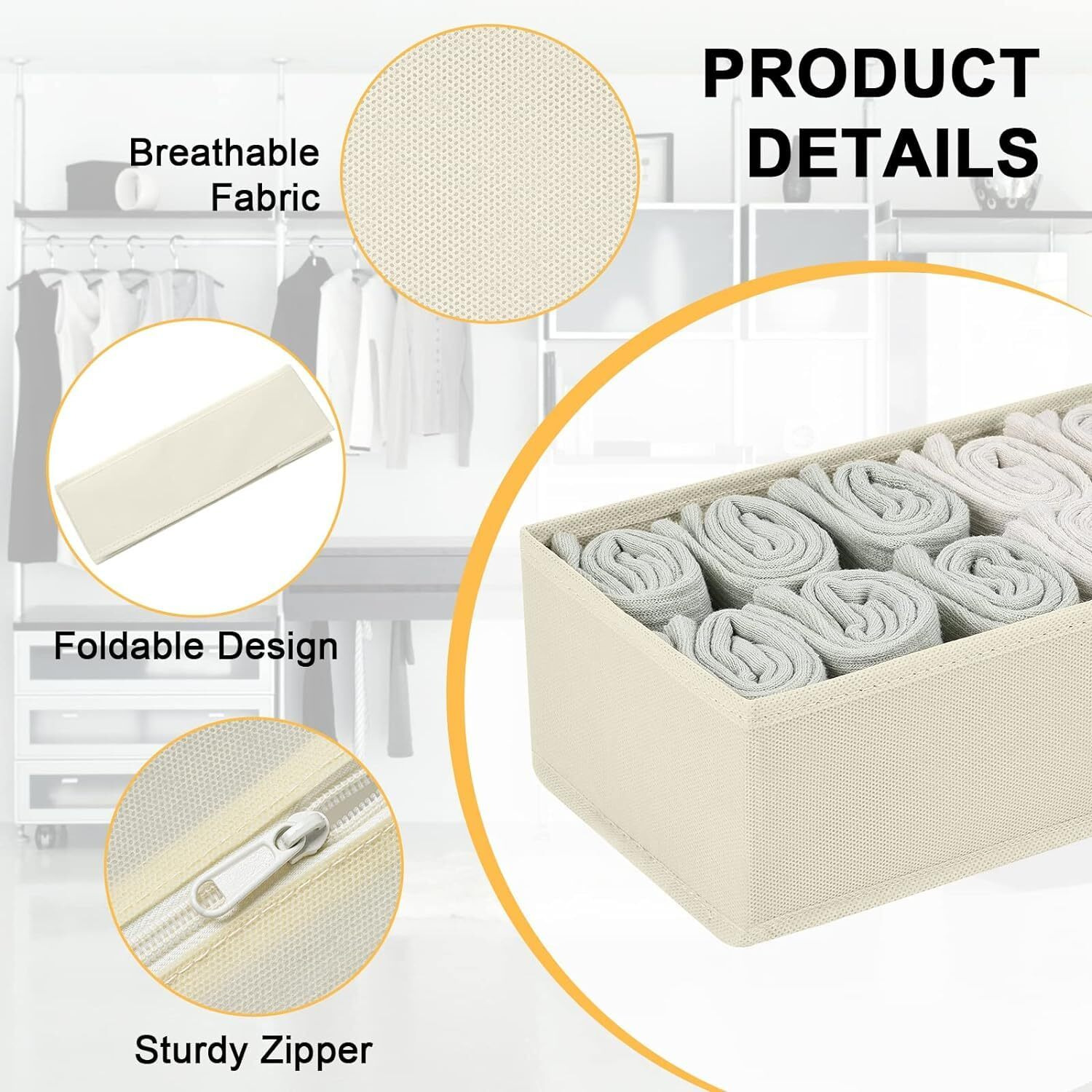 FLYNGO Foldable Drawer Organizer Clothes Organiser for Wardrobe, Closet Organizer Cubes Storage Box for for Socks, Bra, Tie, and Scarves, Set of 4 (Beige)