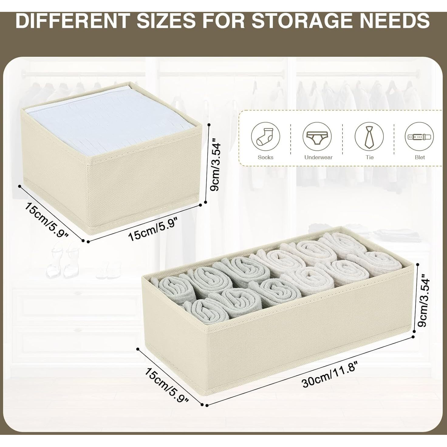 FLYNGO Foldable Drawer Organizer Clothes Organiser for Wardrobe, Closet Organizer Cubes Storage Box for for Socks, Bra, Tie, and Scarves, Set of 4 (Beige)