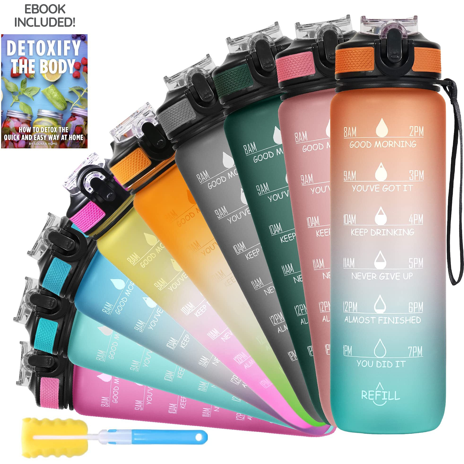 SOLARA 1L Tritan Water Bottle with Motivational Time Marker, Sipper Bottle for Adults, Water bottle for Gym, Office| Mobile app with Drinking water reminder | Orange Teal | 1 Litre