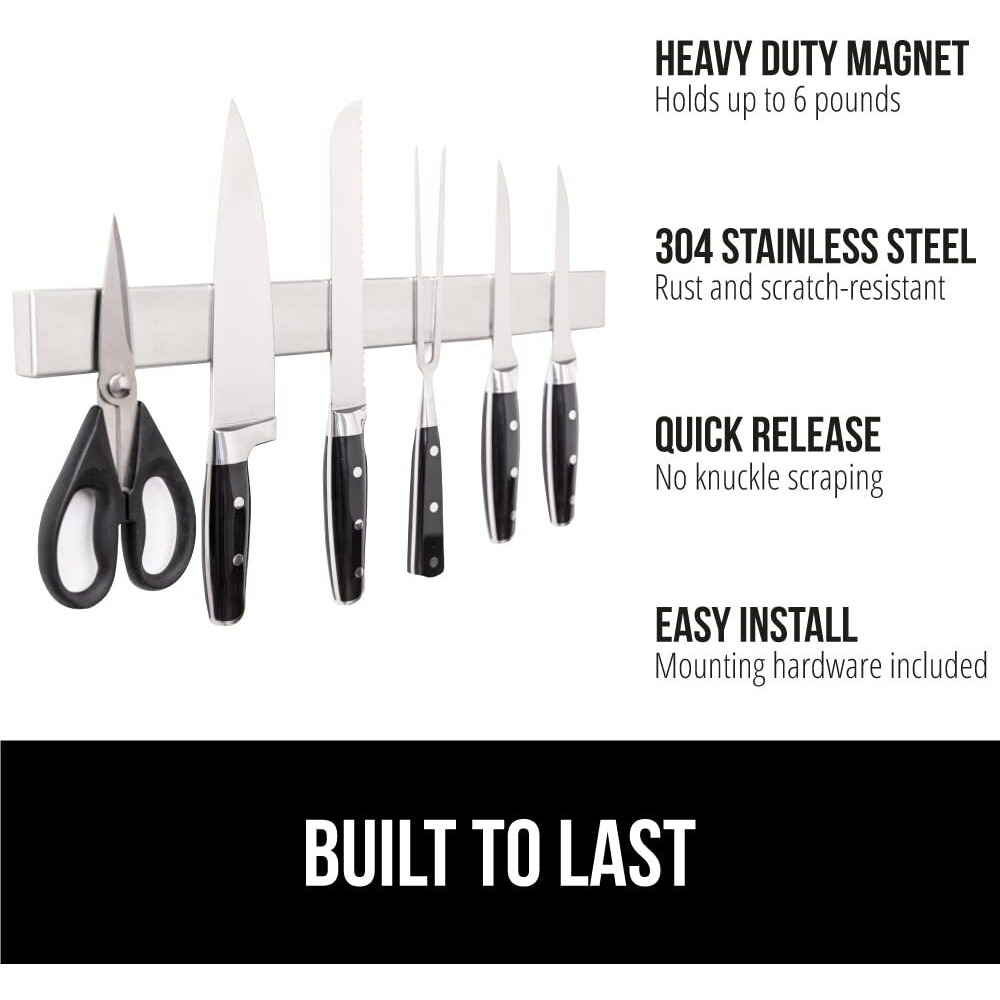 Gorilla Grip Stainless Steel Magnetic Knife Holder, Heavy Duty Magnet Strip for Knives, Wall or Refrigerator Mounted Bar, Easy Install Rack, Securely Store and Organize Kitchen Accessories, 10 inch