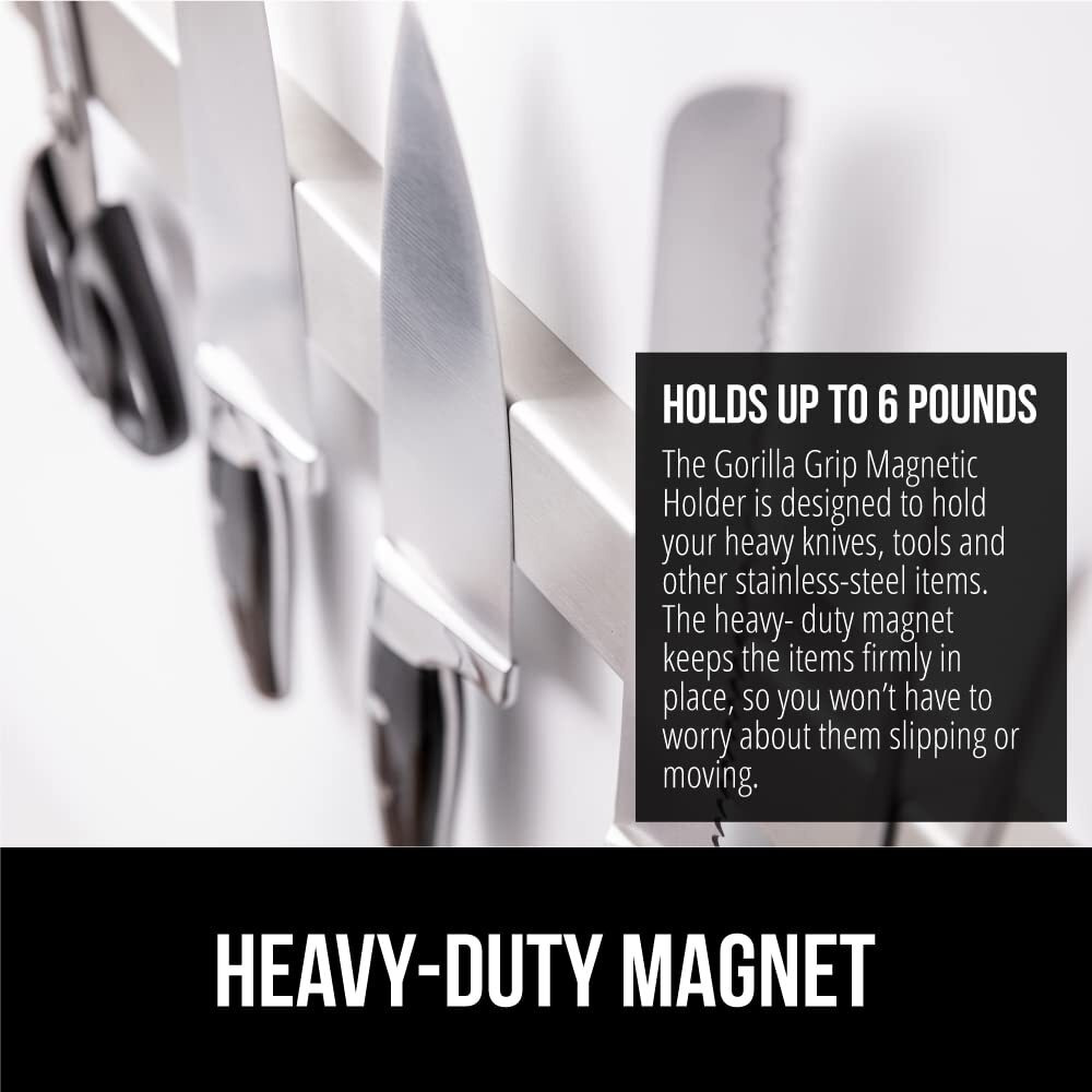 Gorilla Grip Stainless Steel Magnetic Knife Holder, Heavy Duty Magnet Strip for Knives, Wall or Refrigerator Mounted Bar, Easy Install Rack, Securely Store and Organize Kitchen Accessories, 10 inch