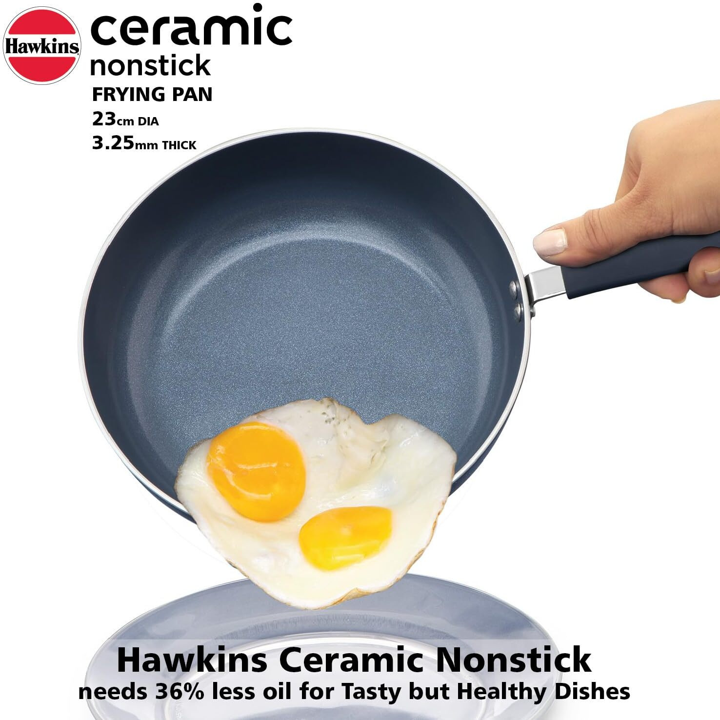 Hawkins Ceramic Nonstick Frying Pan, 23 cm Diameter, Induction Fry Pan with Glass Lid, Granite Omlette Egg Pan, Fish Pan, Blue (ICF23G)