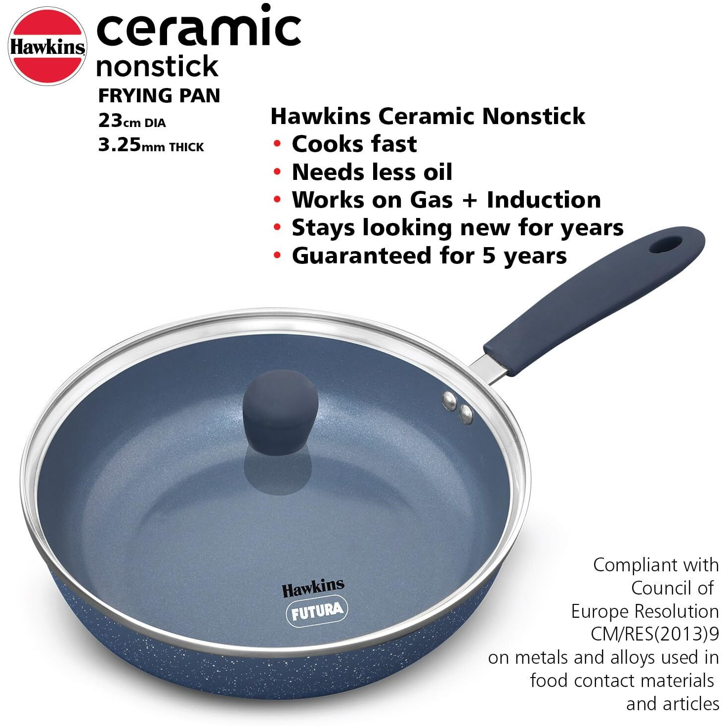 Hawkins Ceramic Nonstick Frying Pan, 23 cm Diameter, Induction Fry Pan with Glass Lid, Granite Omlette Egg Pan, Fish Pan, Blue (ICF23G)