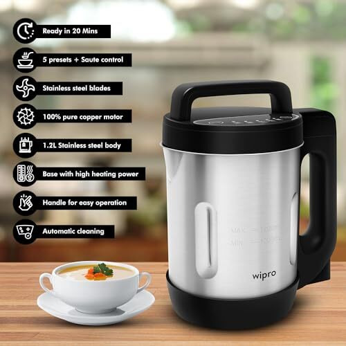 Wipro Elato FSM 201 Soup Maker, 1.2 Litre, 5 IN 1 multi-functional processor with Saute, 100% Pure Copper Motor, 2 Years Warranty