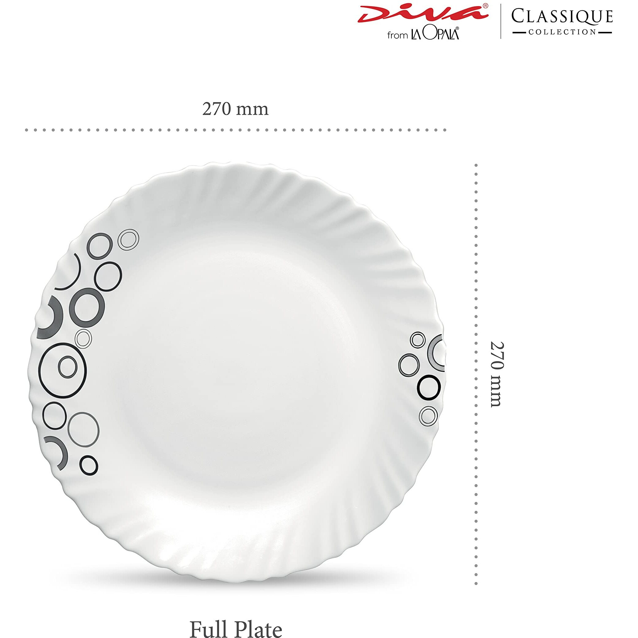 La Opala Diva Classique Collection Opal Glass Crockery | Full Plate Set of 6 | Misty Drops Design | for dining & gifting | Microwave Safe | 100% Vegetarian | Extra Strong | Super Light & White