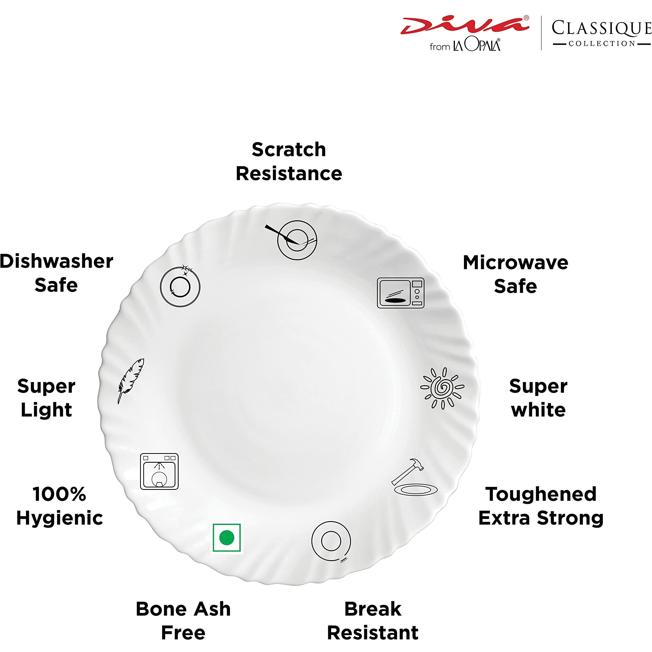 La Opala Diva Classique Collection Opal Glass Crockery | Full Plate Set of 6 | Misty Drops Design | for dining & gifting | Microwave Safe | 100% Vegetarian | Extra Strong | Super Light & White