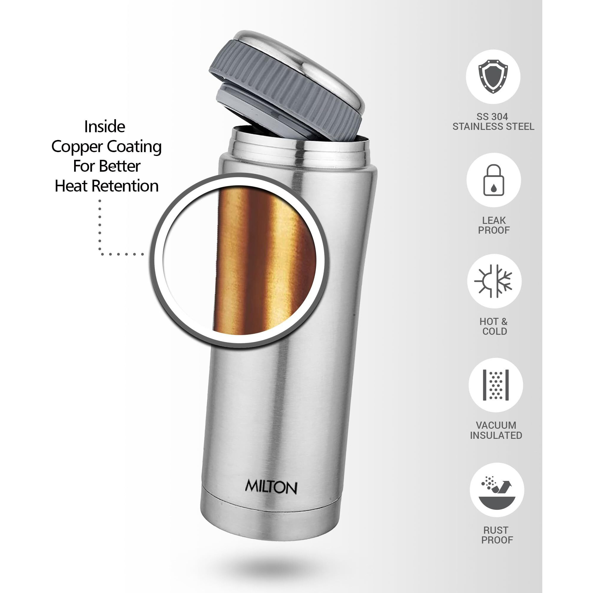 Milton Optima 420 Thermosteel Hot and Cold Flask, 420 ml, Silver | Vacuum Insulated | Rust Proof | Leak Proof | Tea | Coffee | Juice