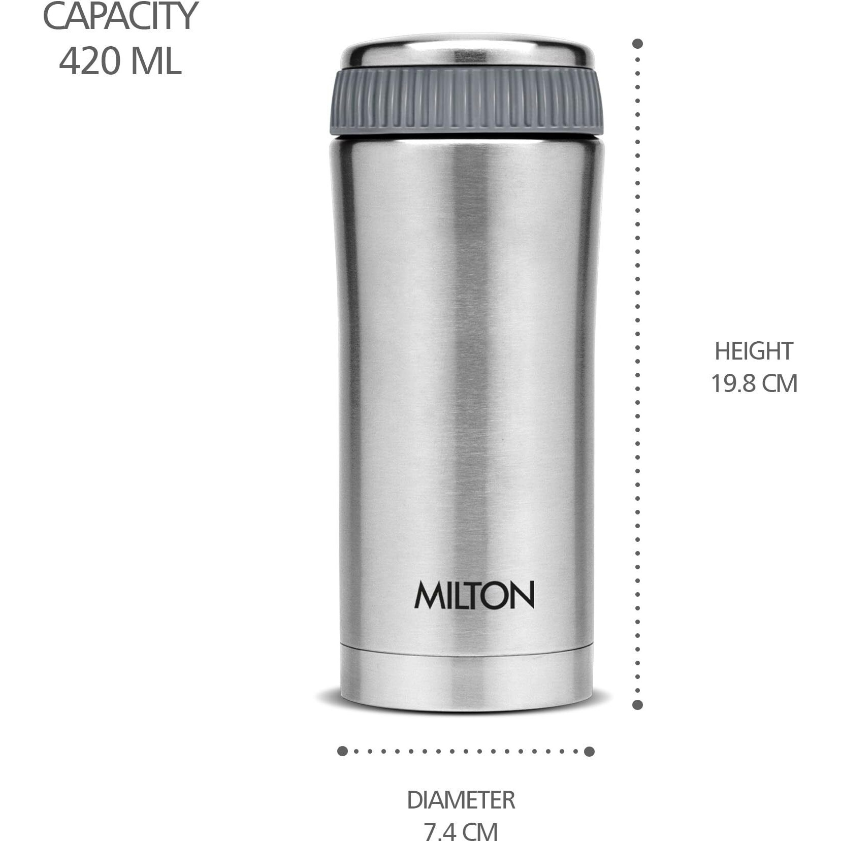 Milton Optima 420 Thermosteel Hot and Cold Flask, 420 ml, Silver | Vacuum Insulated | Rust Proof | Leak Proof | Tea | Coffee | Juice