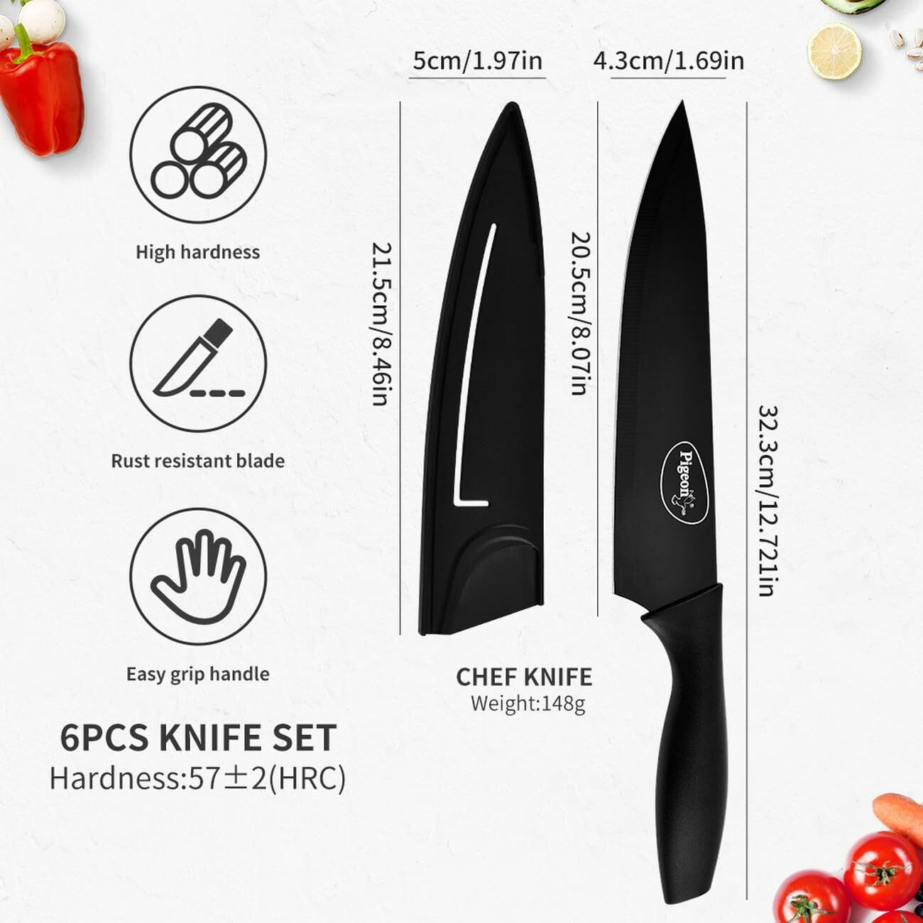 Pigeon by Stovekraft Edge Carbon Knife Set 6 Pcs (Black)