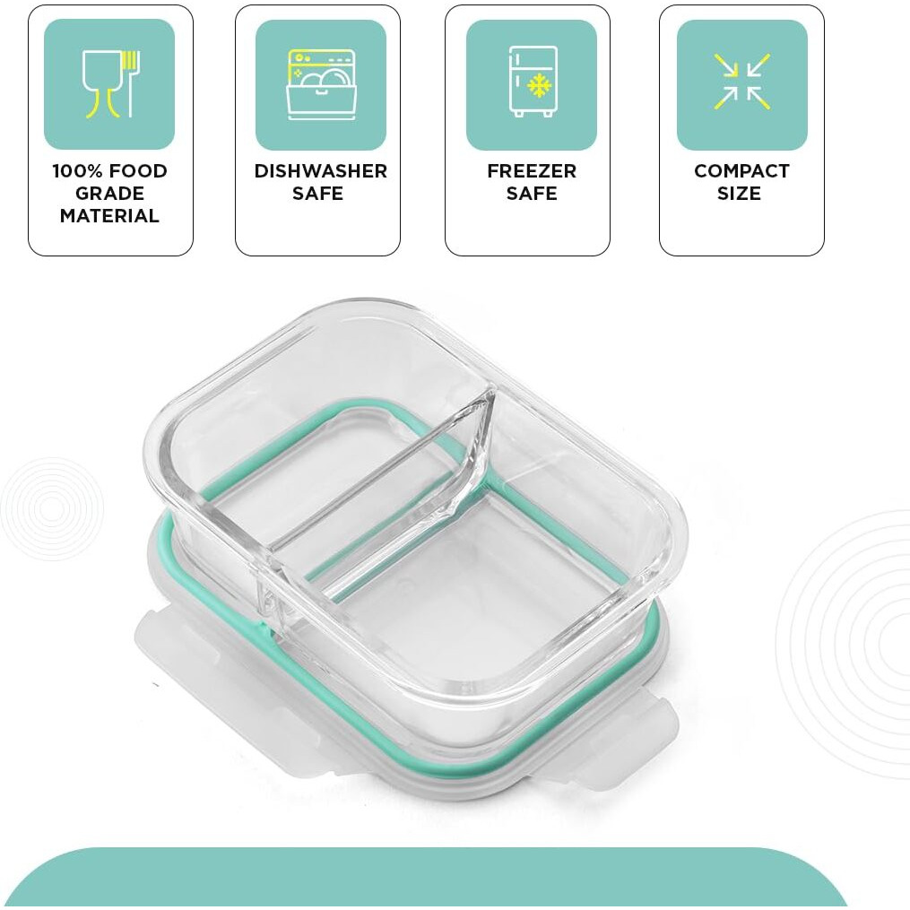 Oliveware Elite Natural Glassware Bento Lunch Box Microwave safe with 2 compartment set |Safety Lock Airtight Containers (600 ml)