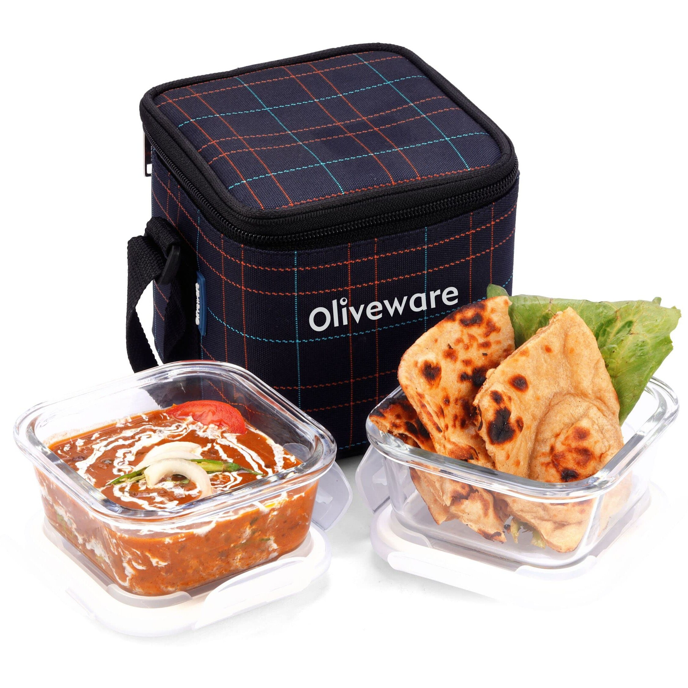 SOPL-OLIVEWARE Feast Glassware Square Lunchbox, Borosilicate Glass Containers, Microwave Safe & Leak Proof, 2 Containers with BPA Free Lids (320ml) Each - Blue