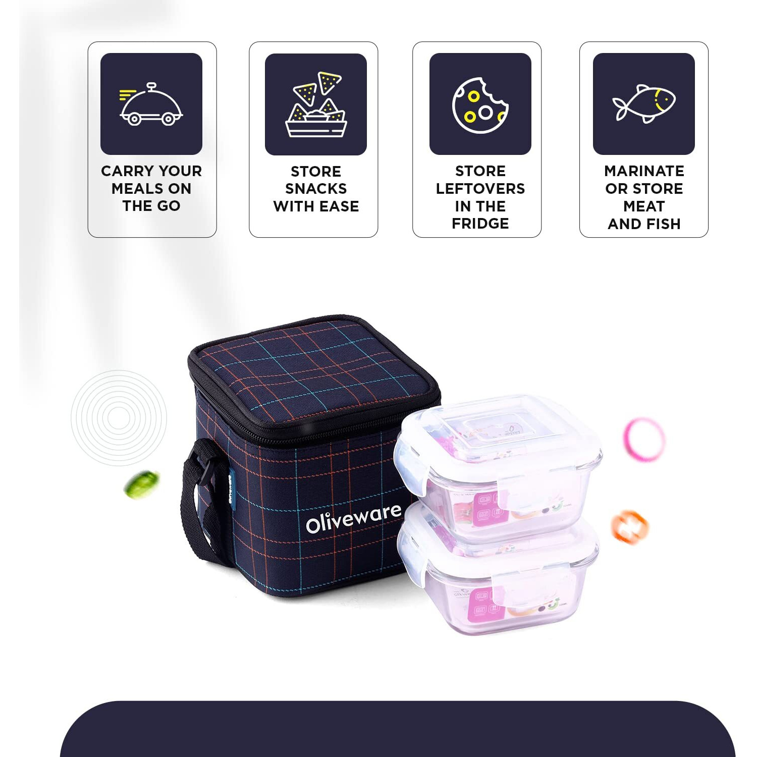 SOPL-OLIVEWARE Feast Glassware Square Lunchbox, Borosilicate Glass Containers, Microwave Safe & Leak Proof, 2 Containers with BPA Free Lids (320ml) Each - Blue