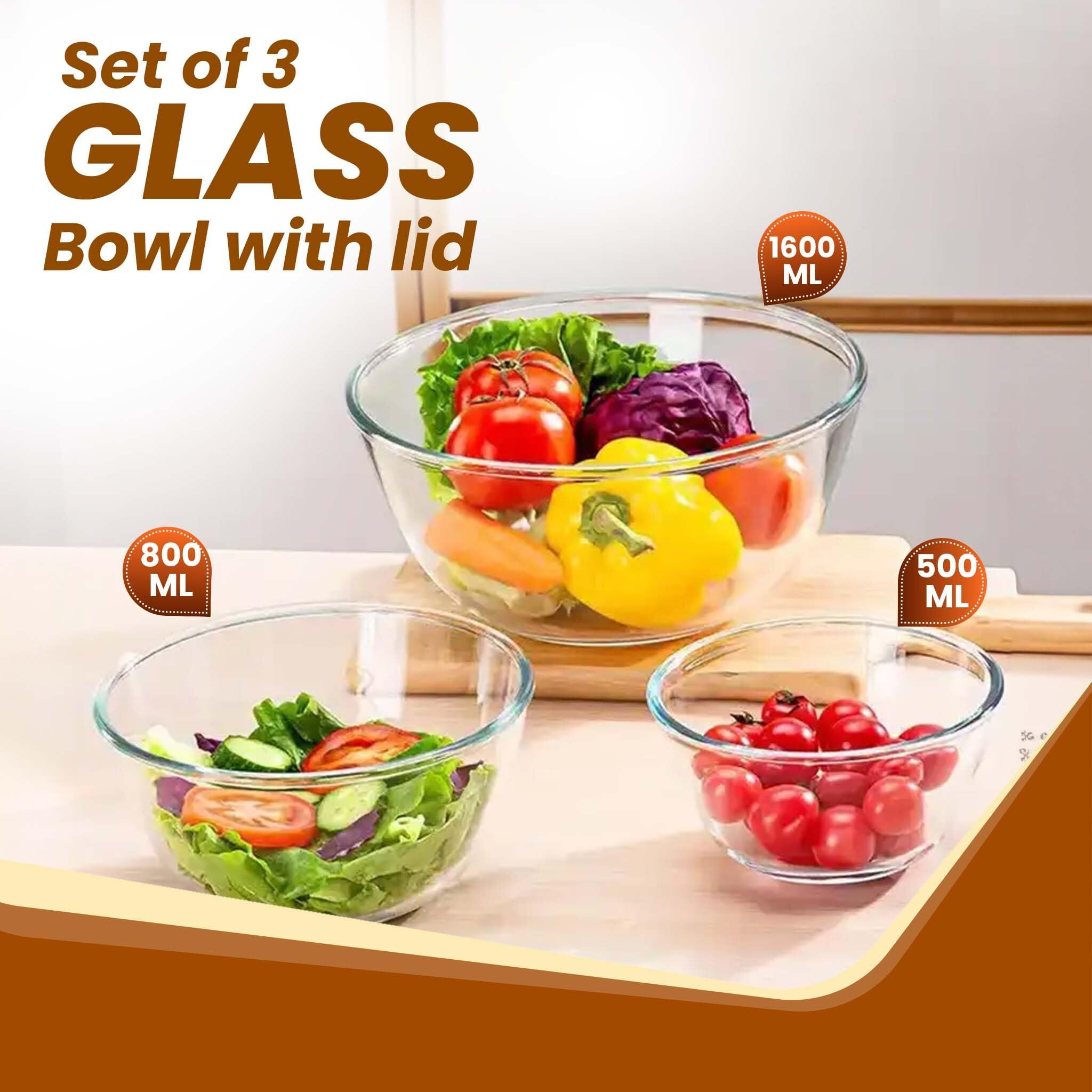 AGARO Borosilicate Glass Mixing Bowl with Lid, 3 Pcs Set (500ml, 800ml &1600ml), Serving Bowl, Kitchen, Oven & Microwave, Dishwasher and Freezer safe, Scratch Resistant, Round, Transparent