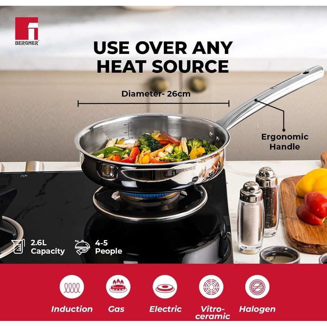 Bergner TriPro TriPly 26 cm Saut Pan, 3 L Capacity, Stainless Steel Lid, For Curry/Stir-Fry/Deep-Fry/Saut/Roast, Heat Resistant Handle, Smooth Finished Surface, Induction & Gas Ready, 5-Year Warranty