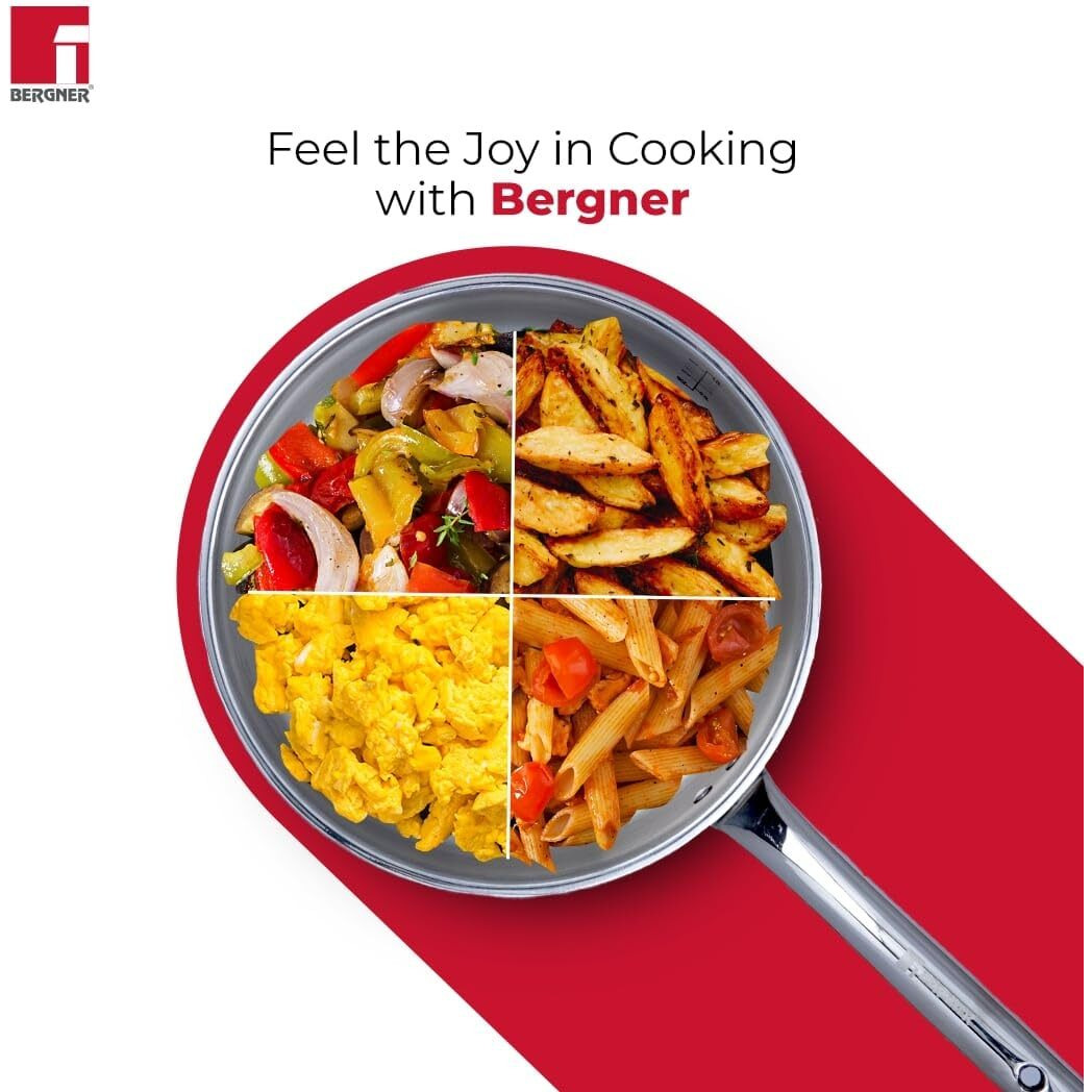 Bergner TriPro TriPly 26 cm Saut Pan, 3 L Capacity, Stainless Steel Lid, For Curry/Stir-Fry/Deep-Fry/Saut/Roast, Heat Resistant Handle, Smooth Finished Surface, Induction & Gas Ready, 5-Year Warranty