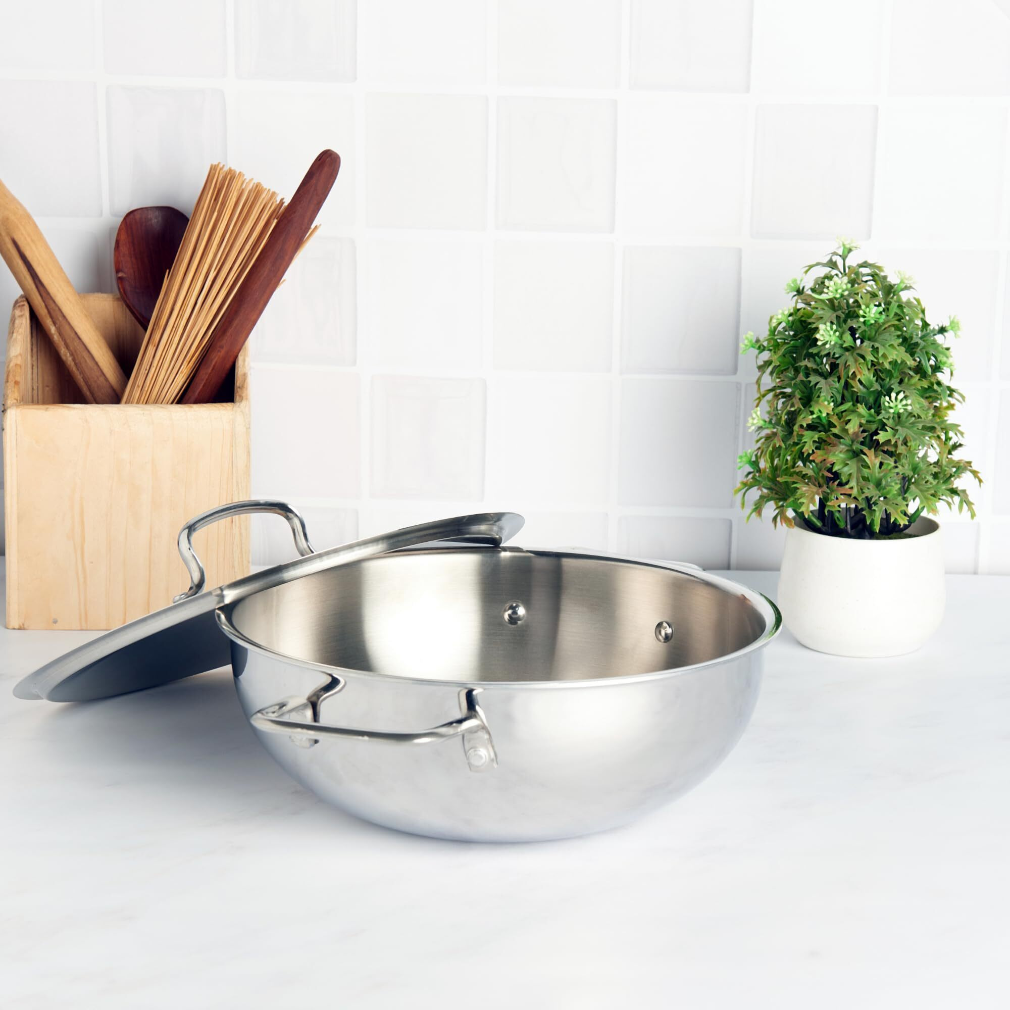 Kraft Futuretec Triply Stainless Steel Cookware Kadai with lid - 3.3 litre, 24 cm / 2.5 mm Thick Extra Deep Kadhai/Kadai Induction and Gas Base / 5 Years Warranty