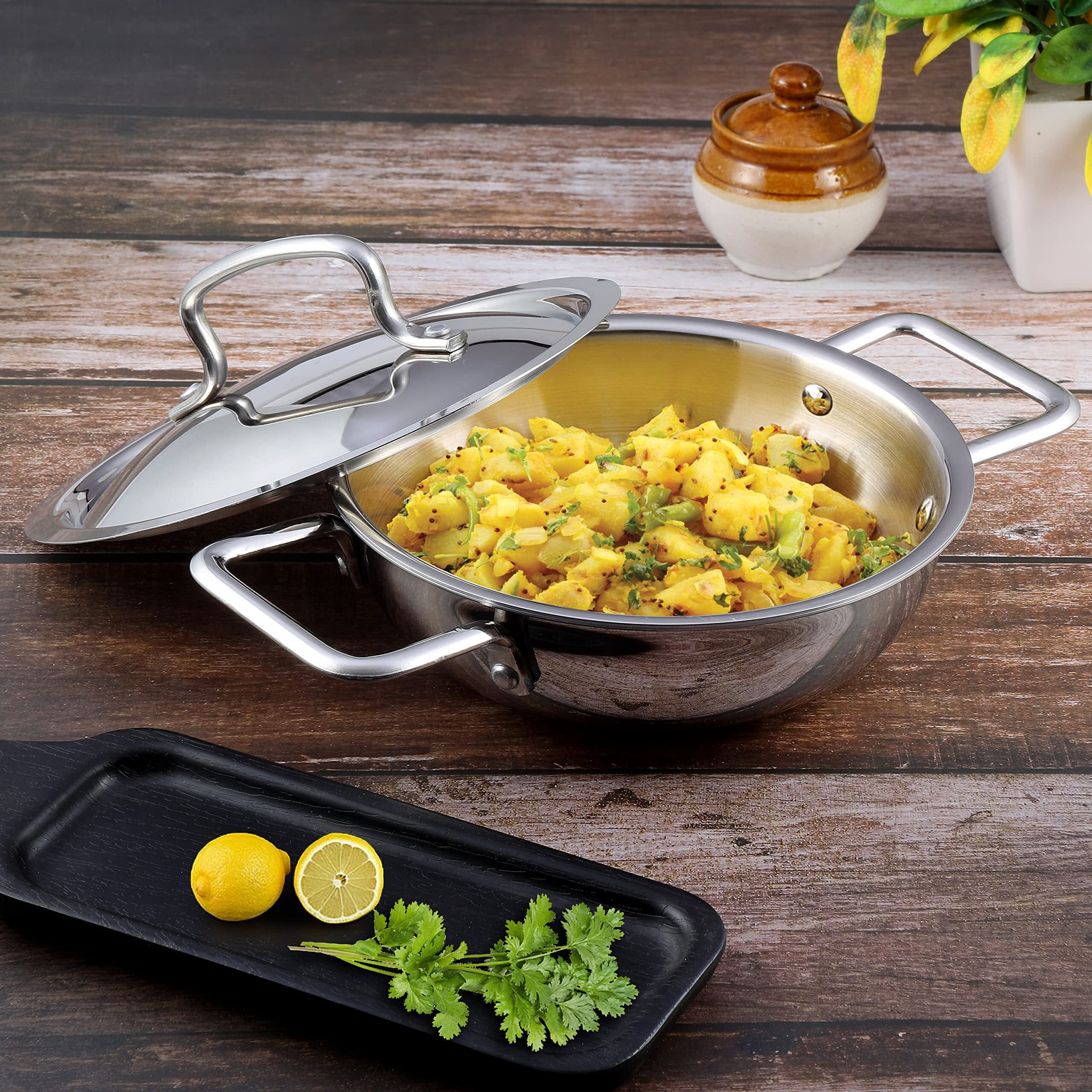 Kraft Futuretec Triply Stainless Steel Cookware Kadai with lid - 3.3 litre, 24 cm / 2.5 mm Thick Extra Deep Kadhai/Kadai Induction and Gas Base / 5 Years Warranty