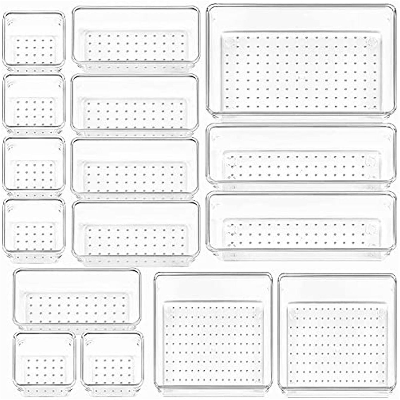 Kuber Industries Storage Organizer Set | Kitchen Organizer | Makeup Organizer Tray Set | Desk Drawer Divider Tray | Multi-Purpose Organizer Set | Stationery Organizer | 16 Piece Set | Transparent
