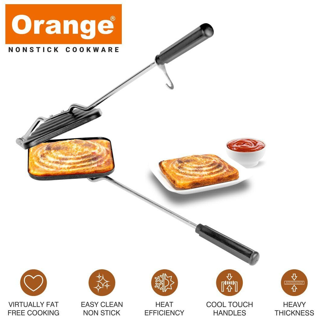 Orange Non-Stick Sandwich Toaster with free nylon Tongs & Scrubber | Daily Use, non-electric Sandwich Maker | Gas Stove Compatible| Black