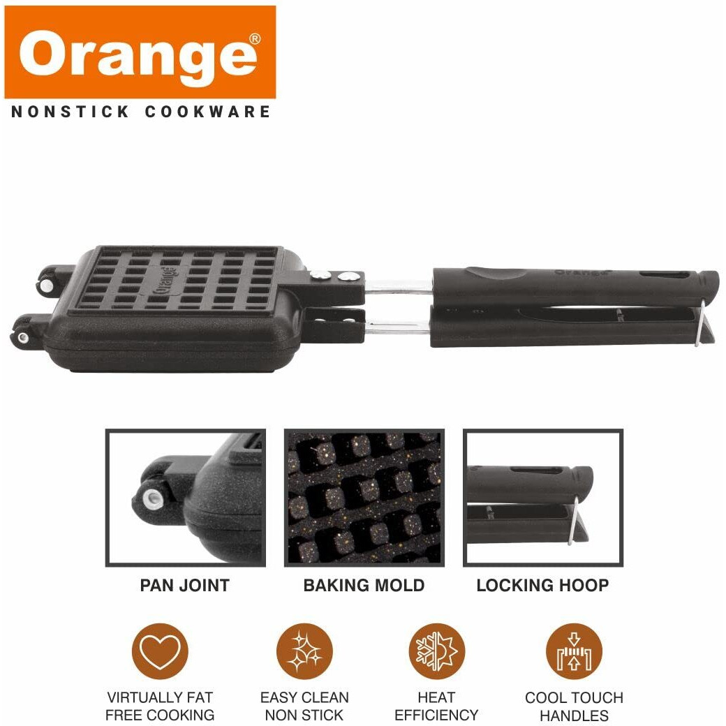 Orange Aluminium Non Stick Heavy Thickness Toast Sandwich Maker With Cool Touch Handle Free Nylon Tongs And Scrubber|Jumbo Bread Non-Electric Sandwich Maker |Black (Waffle Maker) - 1000 Watts