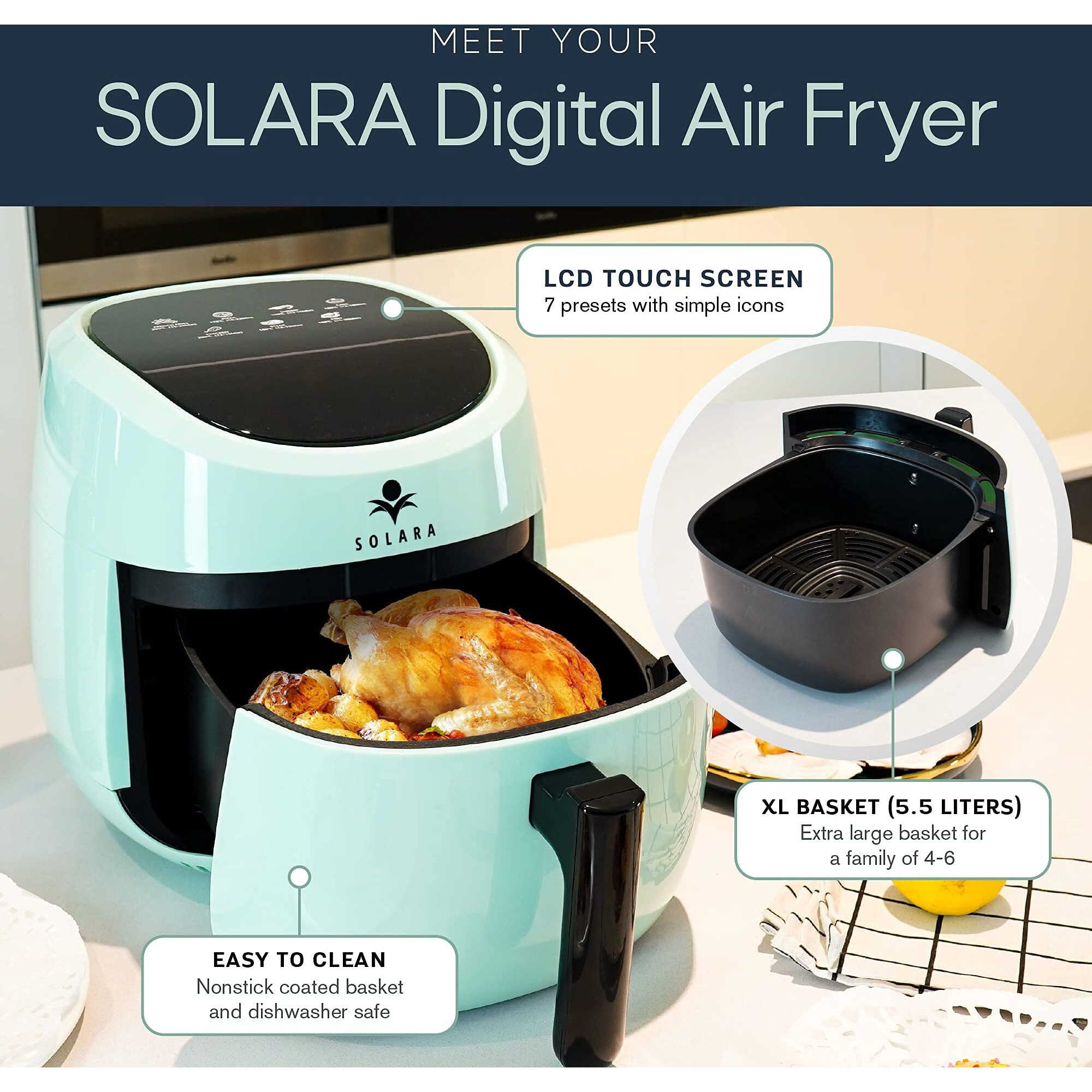 SOLARA Xtra Large Digital Air Fryer for Home Kitchen with 8 Pre set modes for Indian cooking | 5.5L basket | Mobile app with 100+ recipe eBook and Videos | Aqua