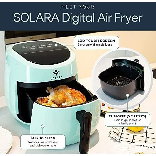 SOLARA Xtra Large Digital Air Fryer for Home Kitchen with 8 Pre set modes for Indian cooking, 5.5L basket, 1500 Watts, Mobile app with 100+ recipe eBook and Videos, Black