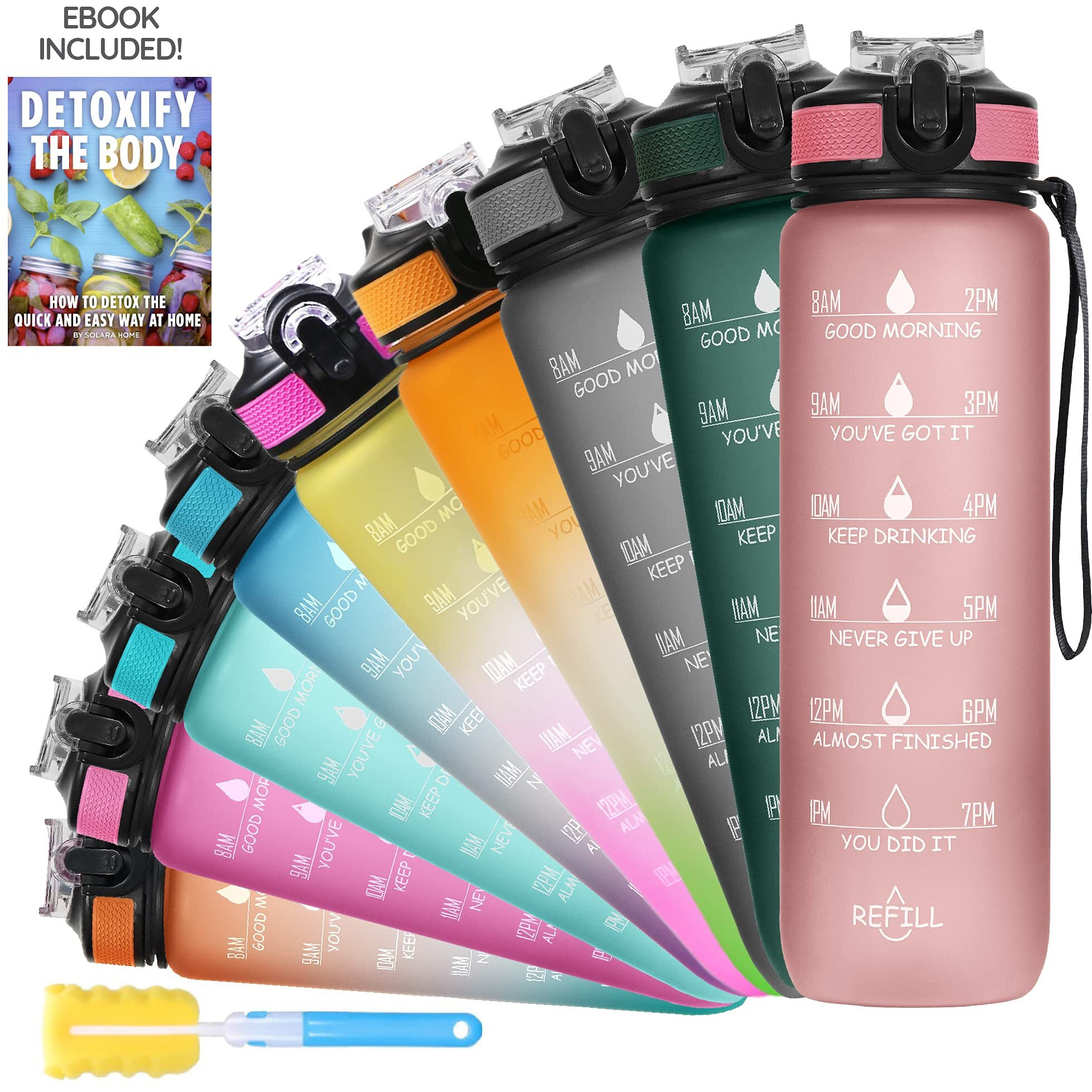 SOLARA Unbreakable Water Bottle with Motivational Time Marker, Sipper Bottle with Straw for Gym Office, Mobile app with Drinking Water Reminder, Detoxing ebook Included, Pearly Pink, Silicone, 1 Piece