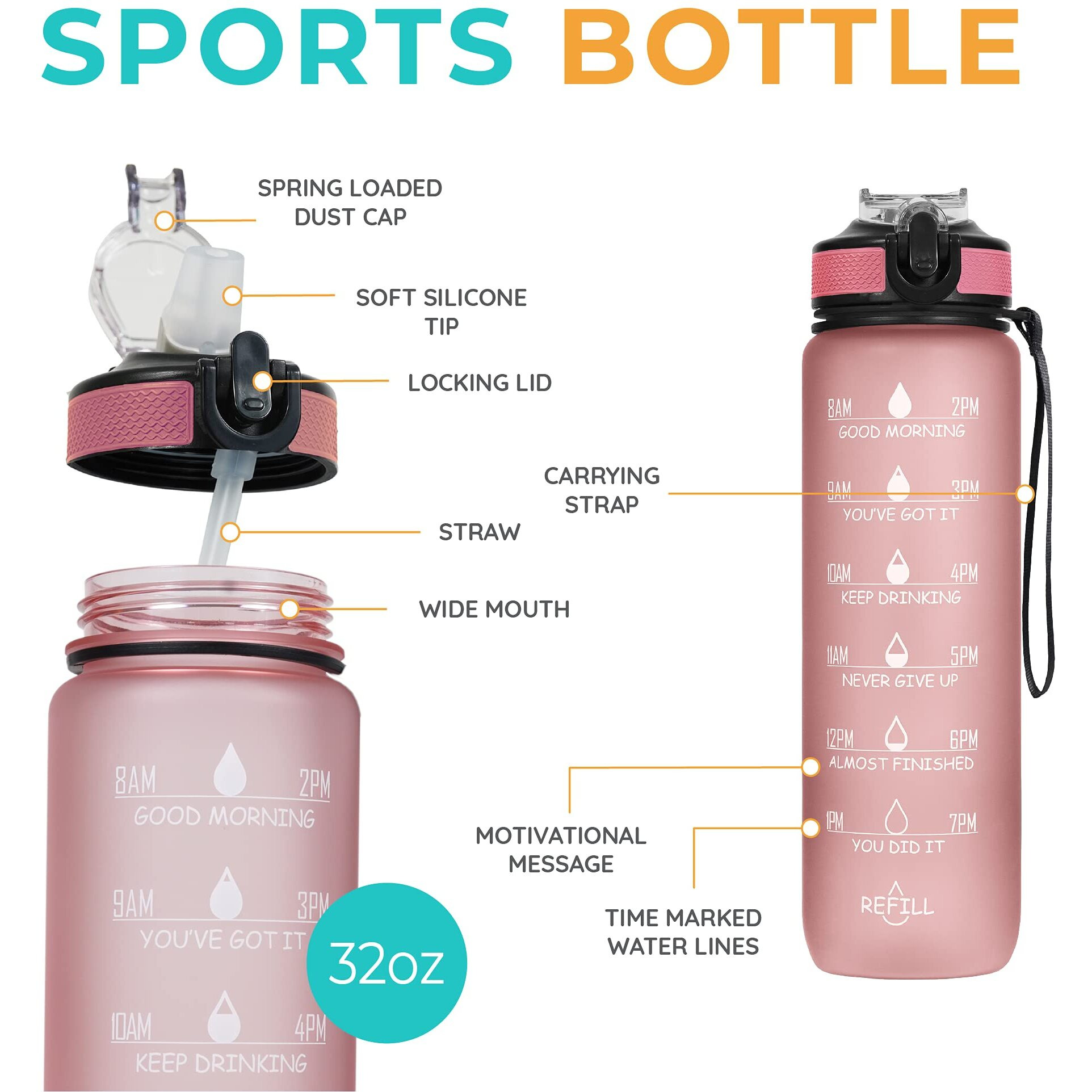 SOLARA Unbreakable Water Bottle with Motivational Time Marker, Sipper Bottle with Straw for Gym Office, Mobile app with Drinking Water Reminder, Detoxing ebook Included, Pearly Pink, Silicone, 1 Piece