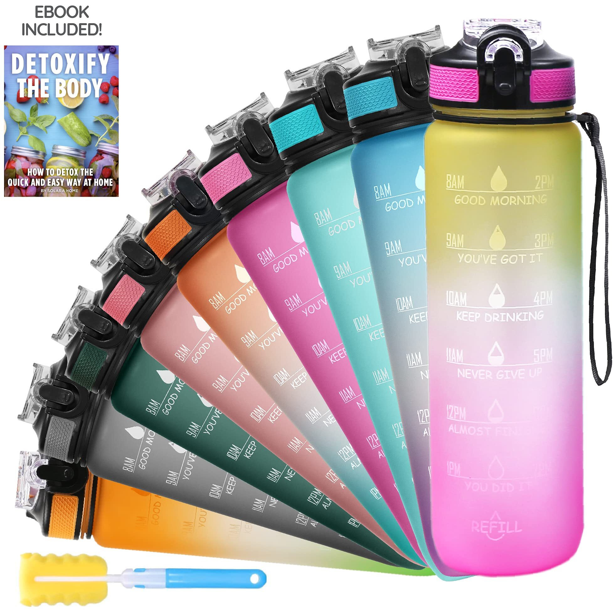 SOLARA Water Bottle 1 Litre with Motivational Time Marker, Leakproof Durable BPA Free Non-Toxic Water Bottle for Office, Gym, Detoxing eBook included, Yellow Pink (Tritan)