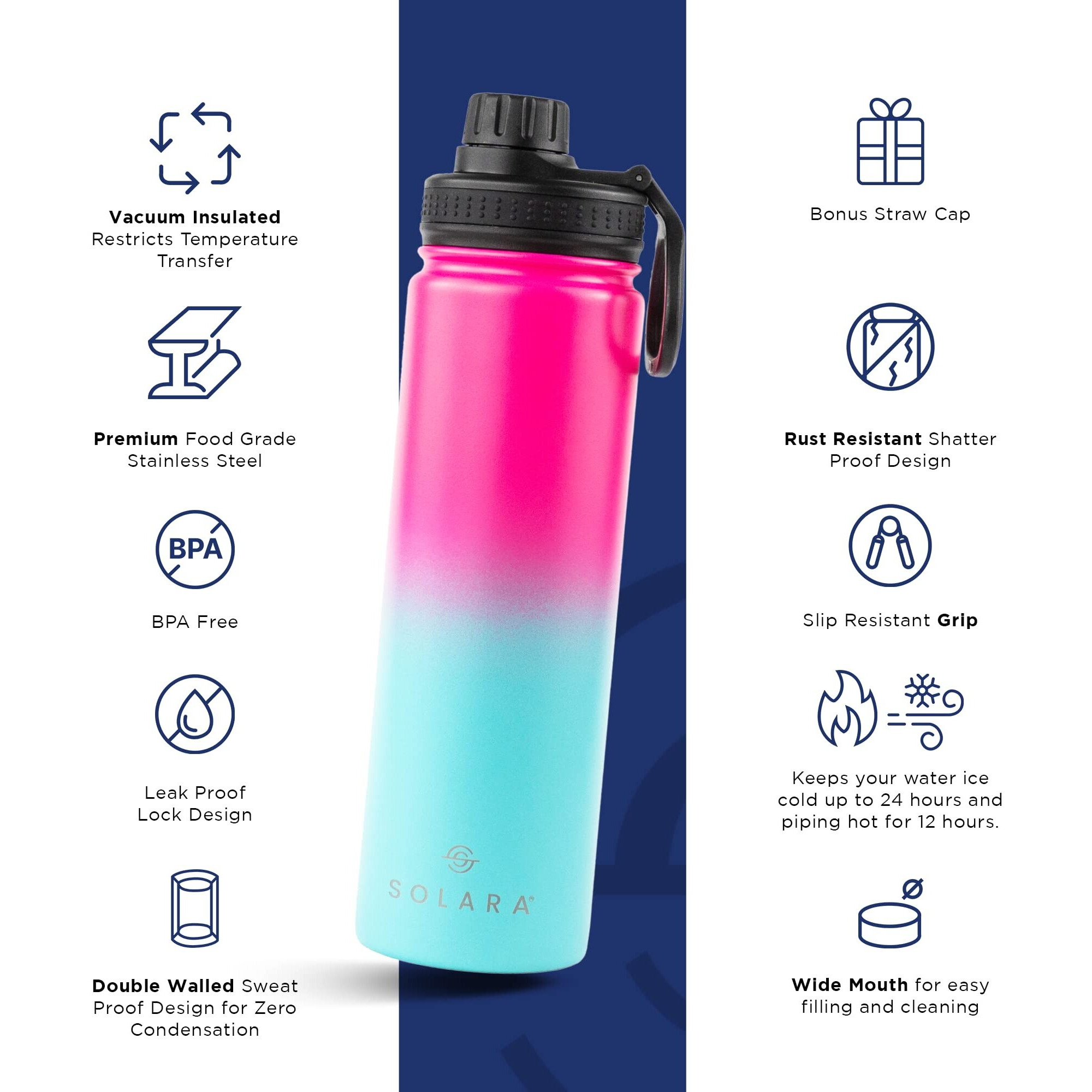 SOLARA Insulated Water Bottle 650ml, Hot Water Bottle, Thermosteel Water Bottle for Travel, Home, Office, School, Gym, Adults, Water Bottle Hot and Cold, Sipper Bottle, Pink Aqua