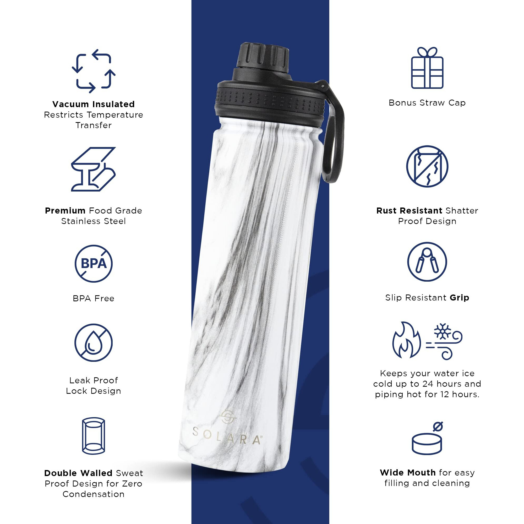 SOLARA Insulated Water Bottle 650ml, Hot Water Bottle, Thermosteel Water Bottle for Travel, Home, Office, School, Gym, Adults, Water Bottle Hot and Cold, Sipper Bottle, Elegant Marble