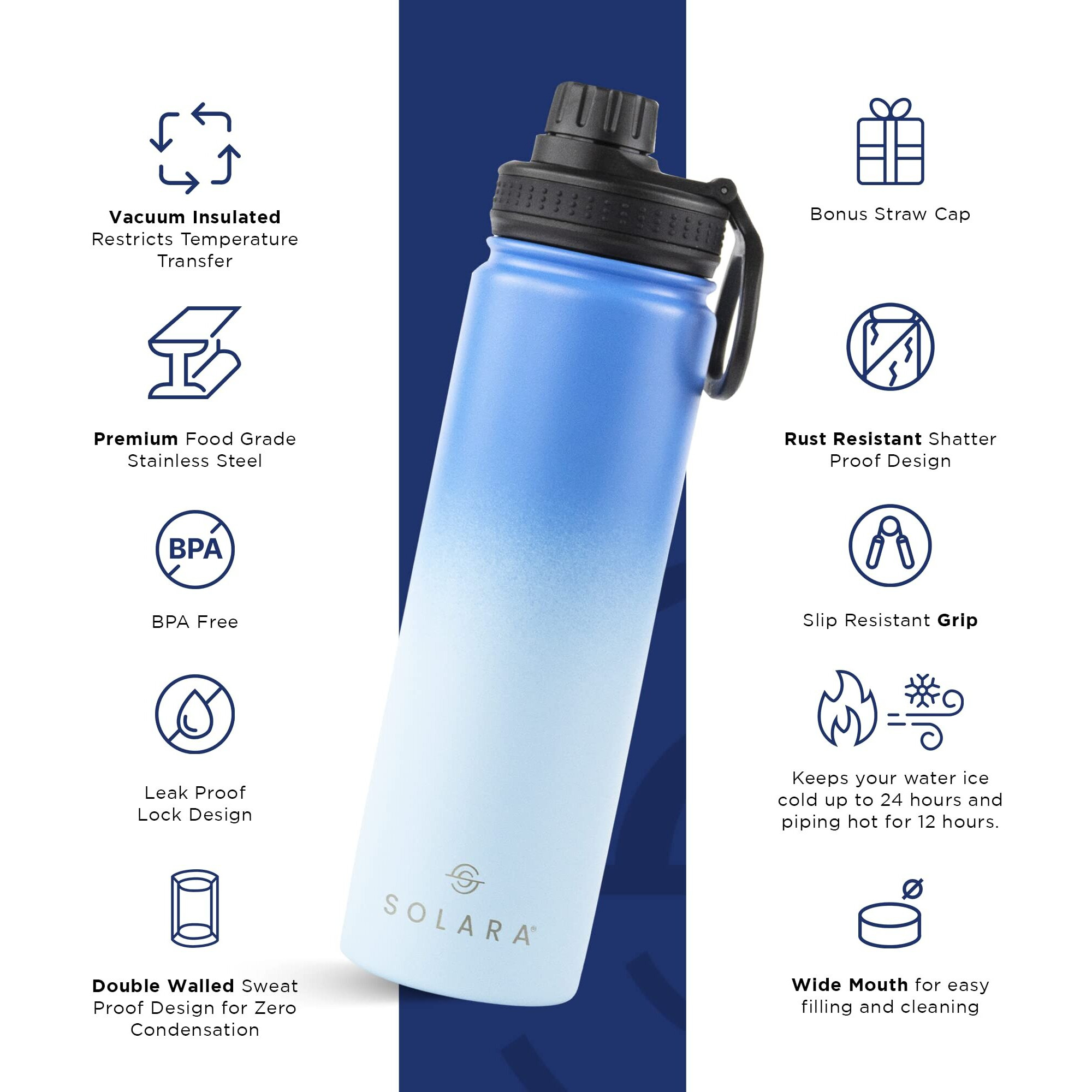 SOLARA Insulated Water Bottle 650ml, Hot Water Bottle, Thermosteel Water Bottle for Travel, Home, Office, School, Gym, Adults, Water Bottle Hot and Cold, Sipper Bottle, Blue Wave