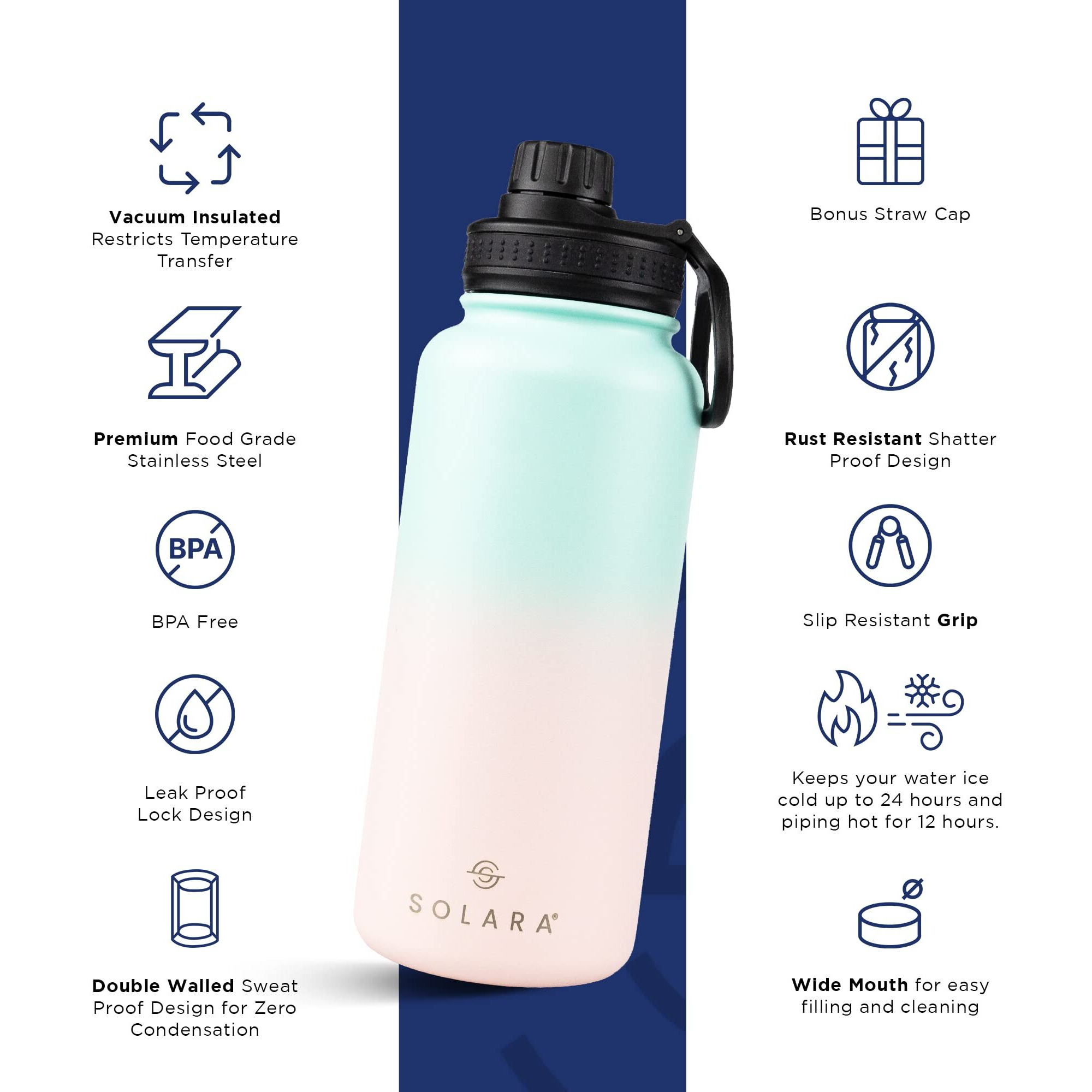 SOLARA Insulated Water Bottle 1000ml, Hot Water Bottle, Thermosteel Water Bottle for Travel, Home, Office, School, Gym, Adults, Water Bottle Hot and Cold, Sipper Bottle, Pink Teal