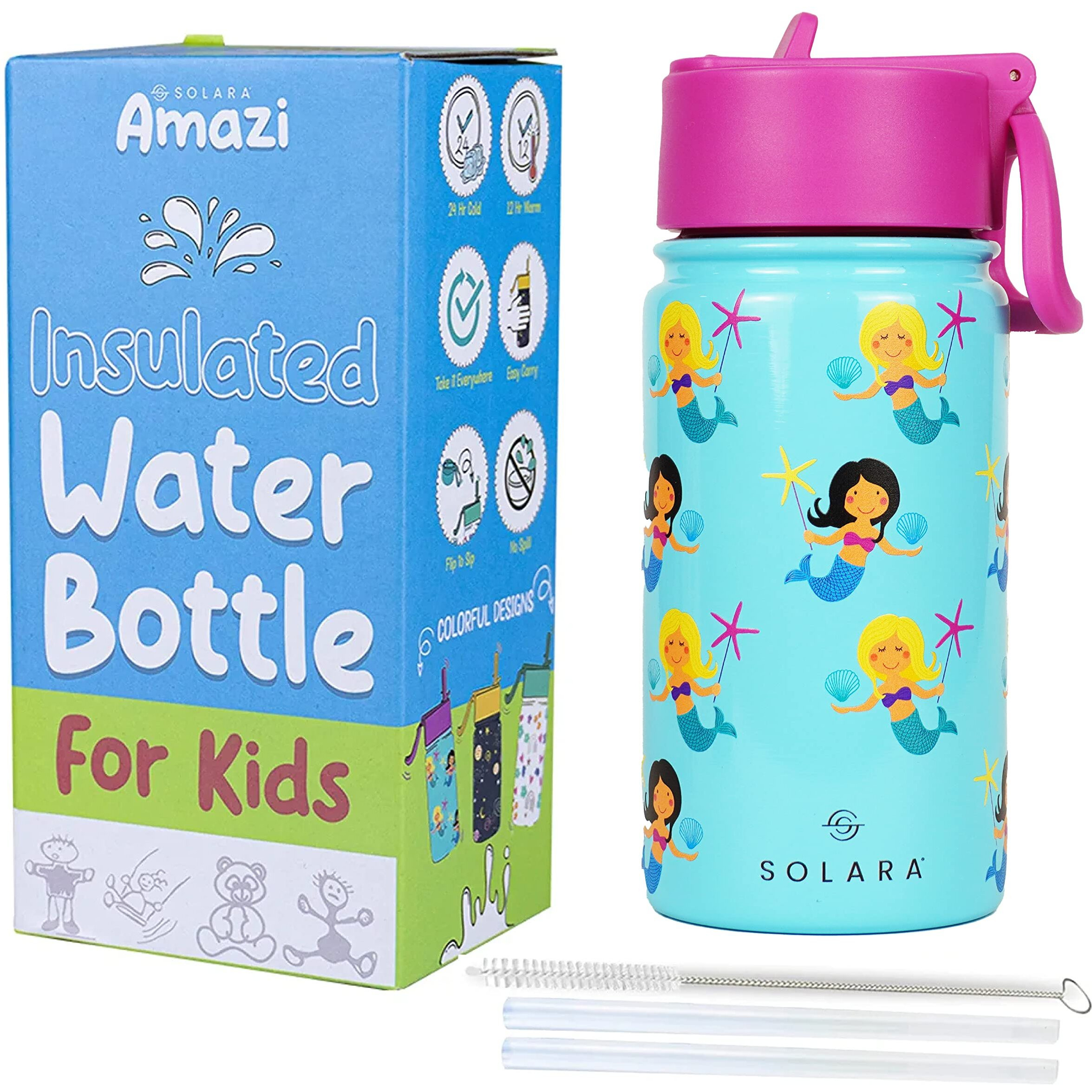 SOLARA Water Bottle for Kids 450ml, Kids Water Bottle, Sipper Bottle for Kids, Thermosteel Kids Bottle, Stainless Steel Water Bottle for Kids, Straw Bottle for Kids, Mermaid