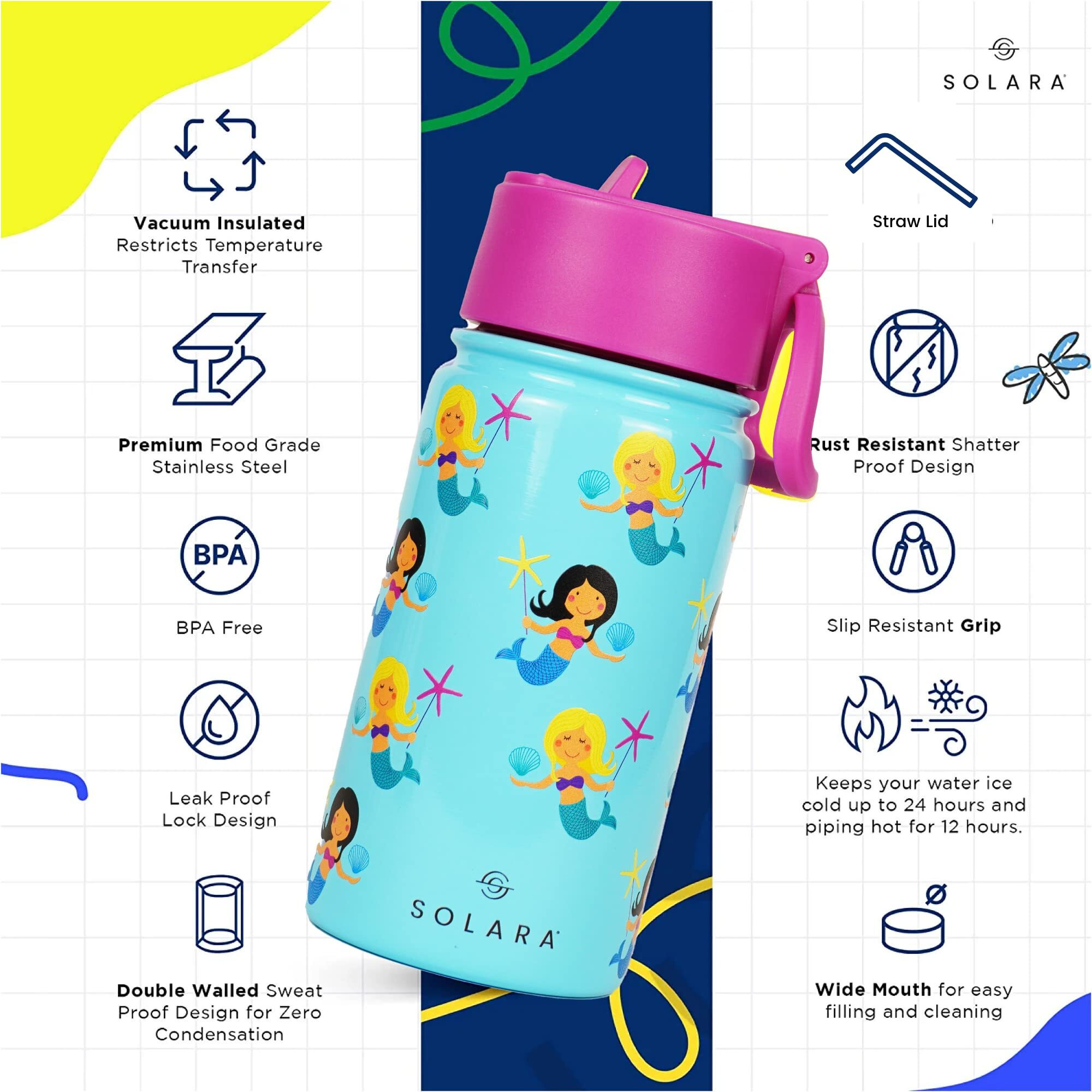 SOLARA Water Bottle for Kids 450ml, Kids Water Bottle, Sipper Bottle for Kids, Thermosteel Kids Bottle, Stainless Steel Water Bottle for Kids, Straw Bottle for Kids, Mermaid