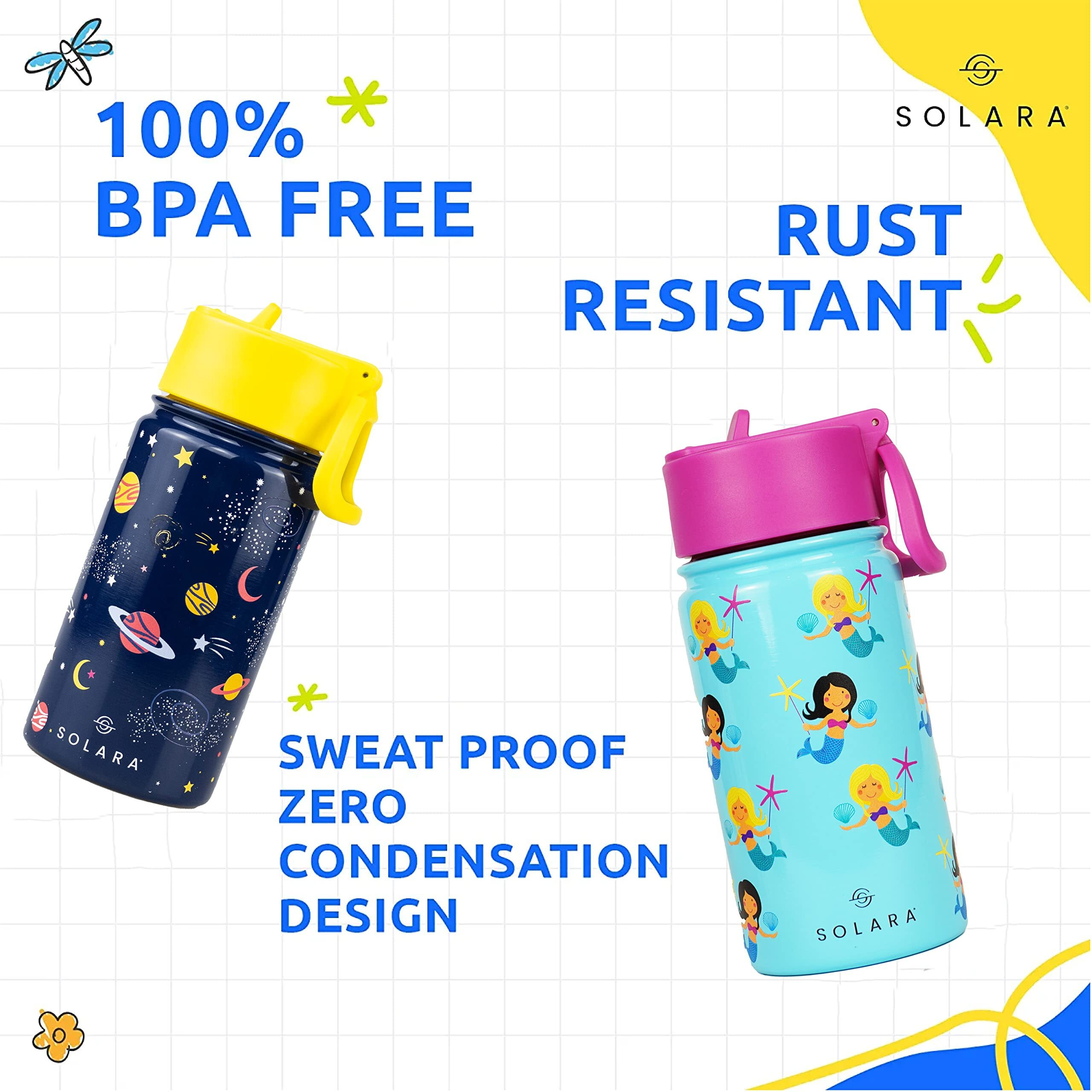 SOLARA Water Bottle for Kids 450ml, Kids Water Bottle, Sipper Bottle for Kids, Thermosteel Kids Bottle, Stainless Steel Water Bottle for Kids, Straw Bottle for Kids, Mermaid