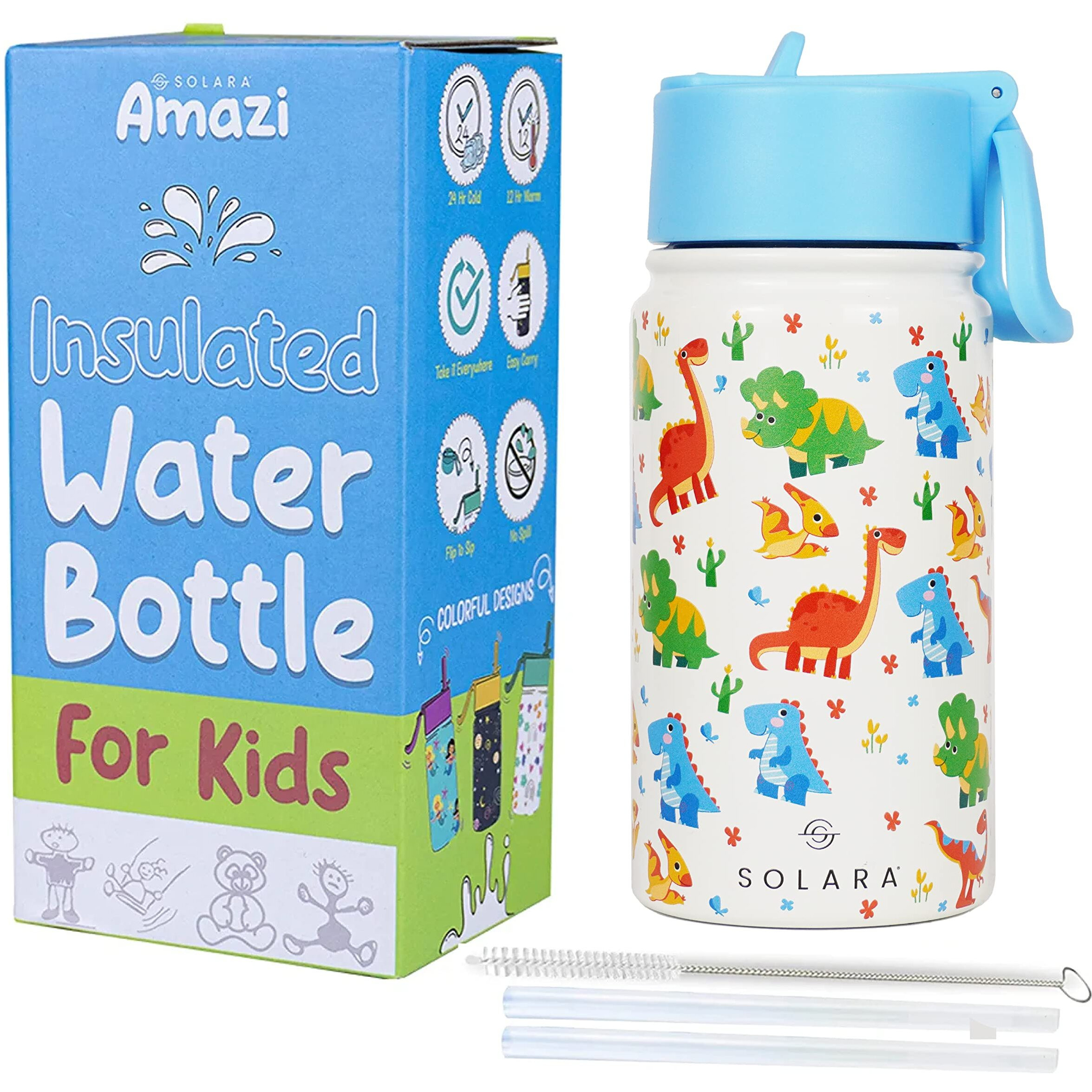 SOLARA Water Bottle for Kids 450ml, Kids Water Bottle, Sipper Bottle for Kids, Thermosteel Kids Bottle, Stainless Steel Water Bottle for Kids, Straw Bottle for Kids, Dino